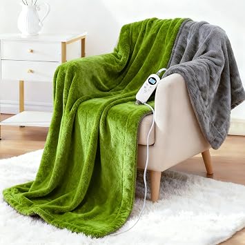 Electric Heated Blanket Throw 50" x 60" Soft Dual-Sided Flannel Fast Heating 12 Heat Levels 112H Timer & Overheat Protection & Auto Shut-Off & Machine Washable Lime Green & Gray