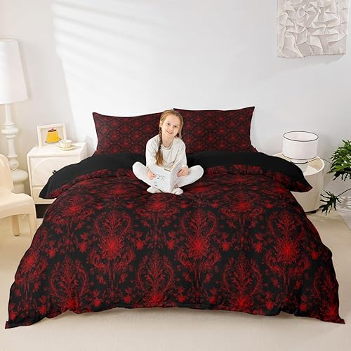 Miniatura 4 de Erosebridal Juego de ropa de cama de damasco rojo gótico, tamaño individual, estilo bohemio, medallón barroco, funda de edredón floral de cachemira