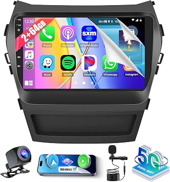 [DSP & EQ] 2+64G Android 13 Radio for Hyundai Santa Fe IX45 2013-2018, 9 inch Touchscreen for Santa Fe with Wireless CarPlay/Android Auto/WiFi/Bluetooth/GPS Navigation/FM RDS/Backup Camera
