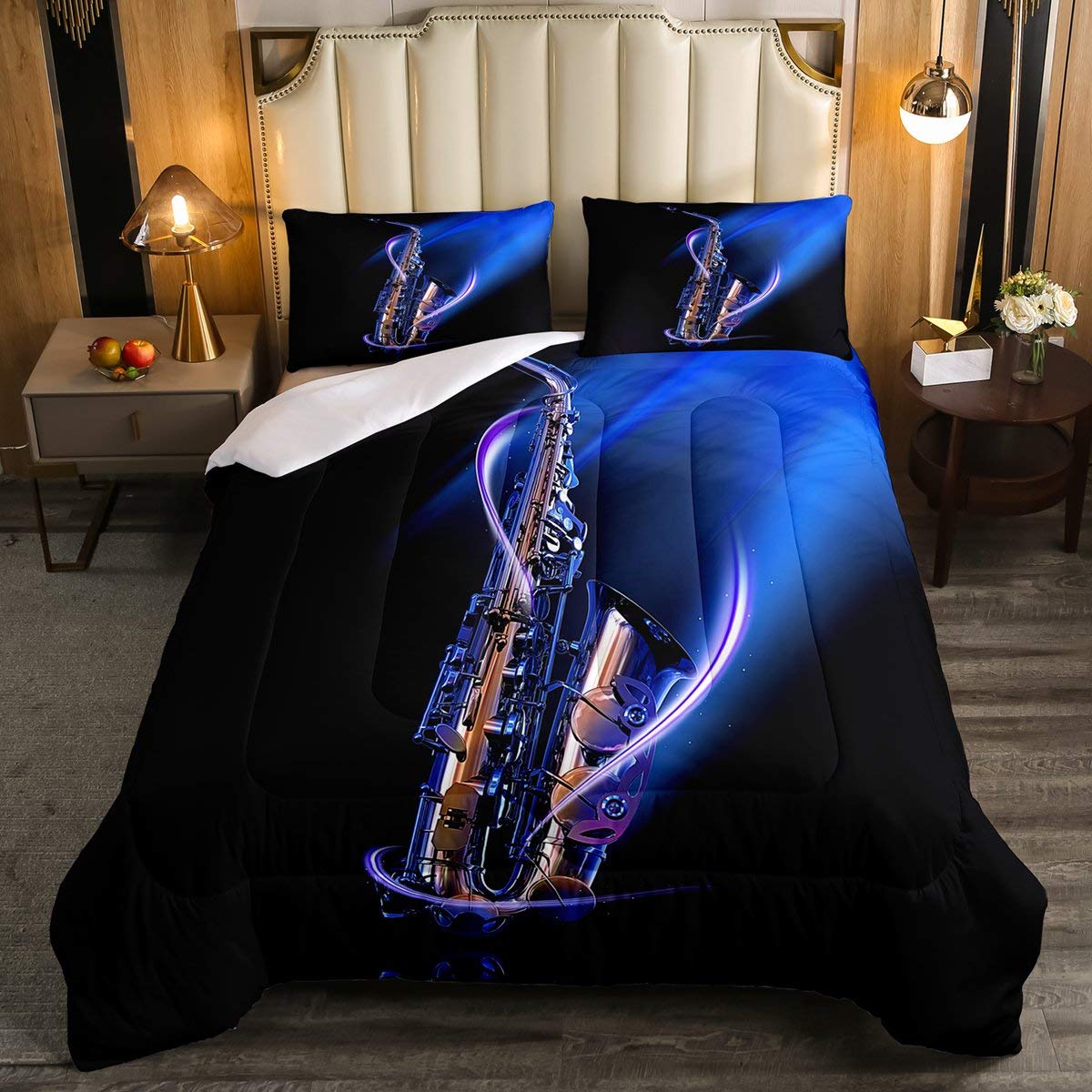 Feelyou Classic Music Beddinig Set Cool Saxophone Comforter Set for Kids Boys Girls Jazz Funky Design Comforter Musical Instrument Blue Quilt