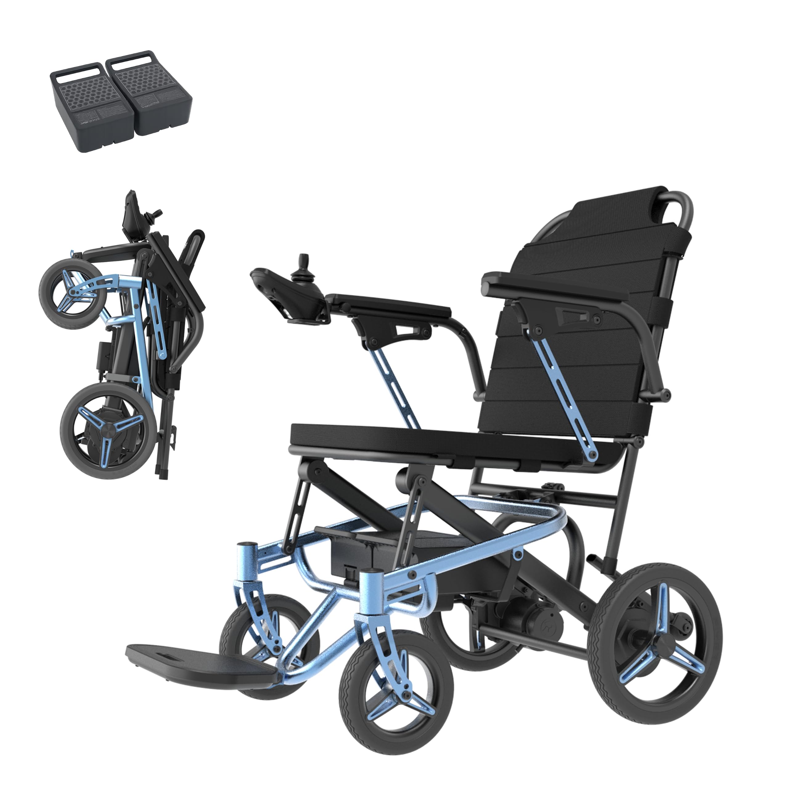 Fauteuil roulant électrique pliable de 13 kg, avec éclairage LED, portée de 48 km + avec 2 piles au lithium, fauteuil roulant électrique tout-terrain, fauteuil roulant motorisé portable