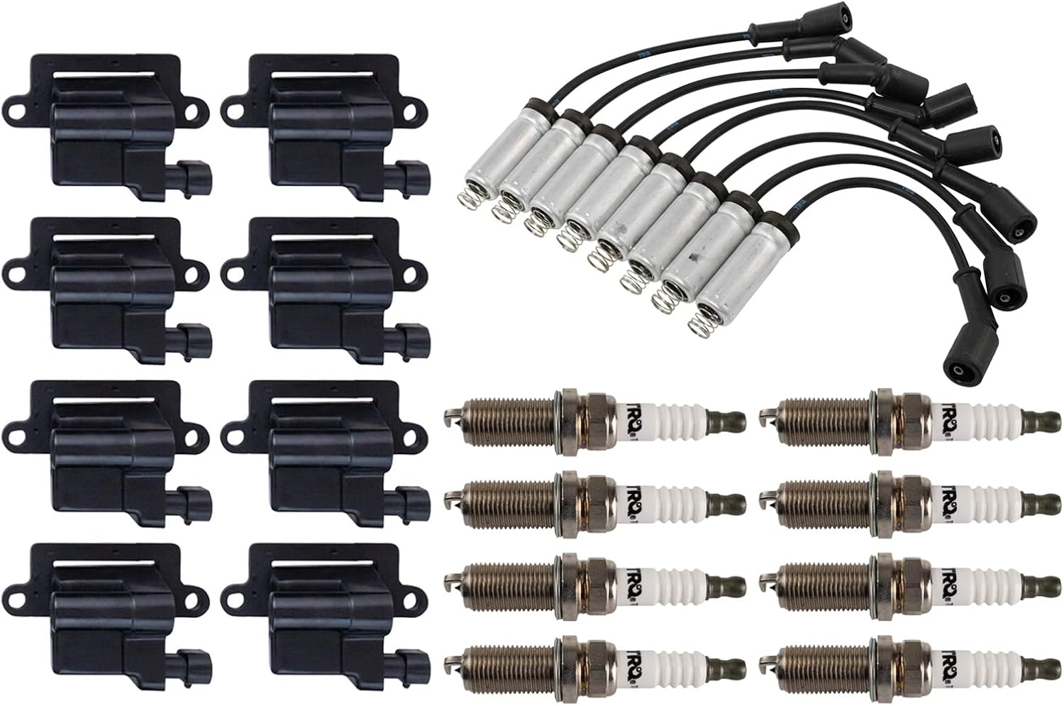 TRQ Ignition Coil and Spark Plug Kit 17 Piece Iridium Spark Plugs Compatible with 2002-2006 Cadillac Escalade 2000-2006 Chevrolet Silverado 1500 1999-2006 GMC Sierra 1500 2003-2007 Hummer H2