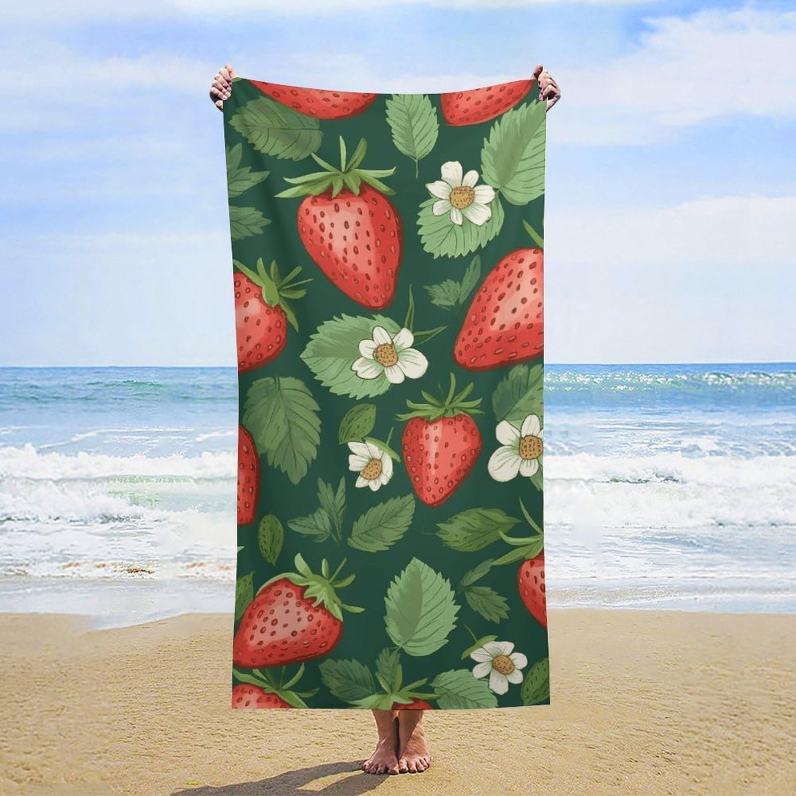 NTVOWPZO Fresh Strawberries and Leaves Beach Towel Oversized Microfiber Bath Towels Lightweight Sand Proof Beach Towels Absorbent Pool Towels for Swimming Yoga Bathroom Towel 31.5" X 63"
