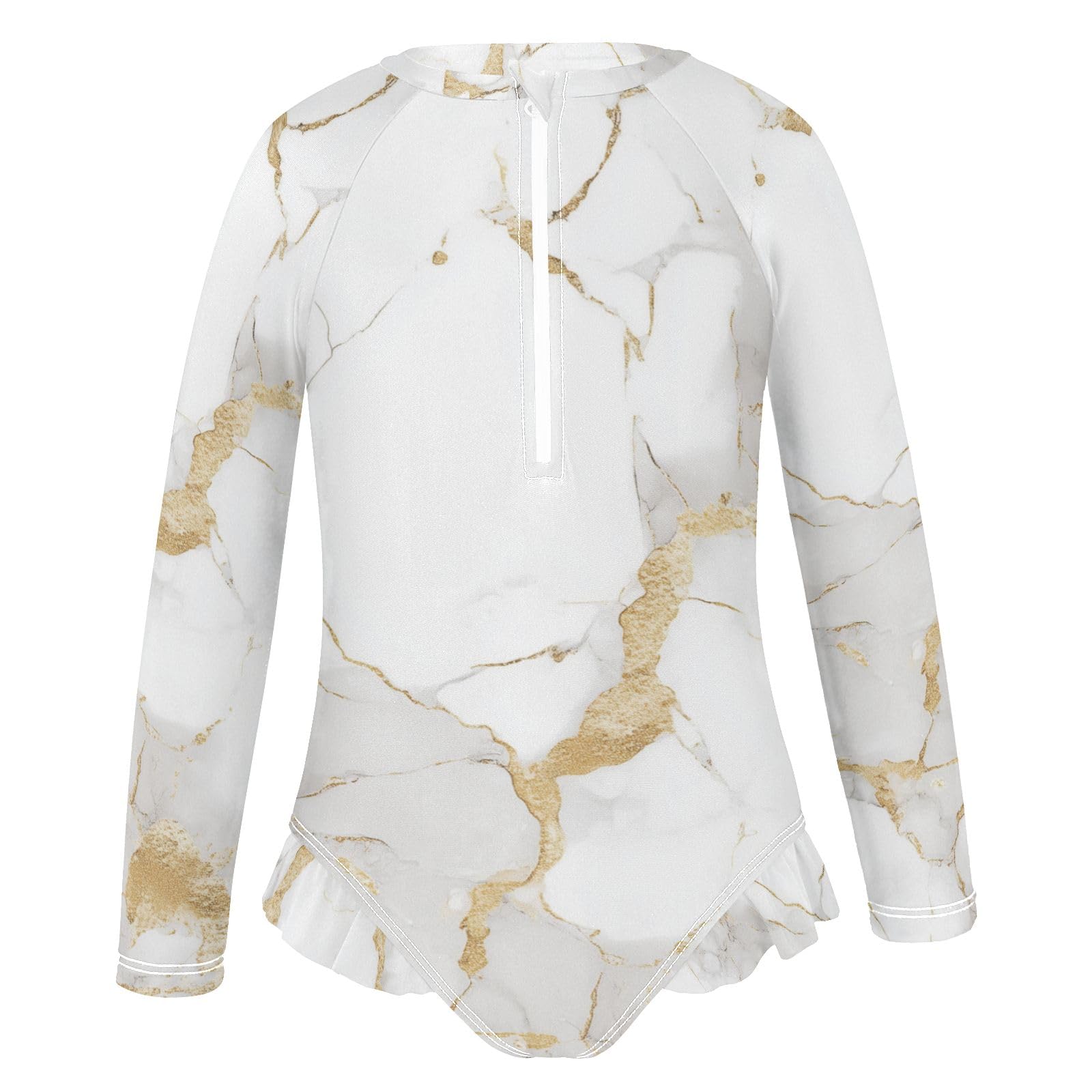 ALAZA Swimsuit for Girls Long Sleeve Rashguard Bathing Suit White Gold Marble Quick Dry 4T