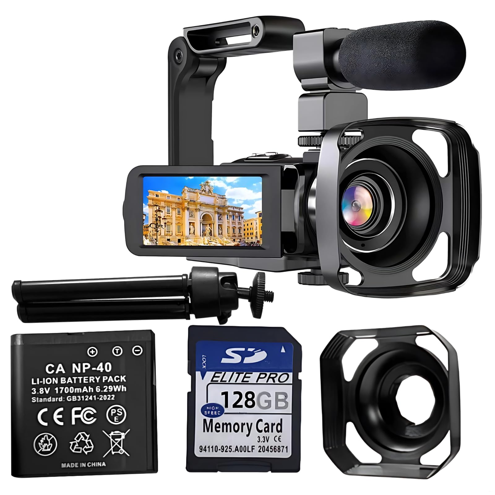 Registratore Fotocamera Digitale, 56Mp 4K Videocamera Video con Microfono, Scheda 128G, Stabilizzatore Portatile, Obiettivo Cappuccio, Treppiede, Zoom 18X, Vision Night Ir, Touch 3 Screen, 2