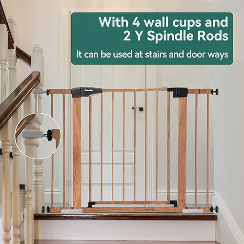 Miniatura 4 de BABELIO - Ganador del premio Mom's Choice - Puerta de metal para bebés de 26 a 40 pulgadas con patrón de madera, puerta de perro fácil de instalar,