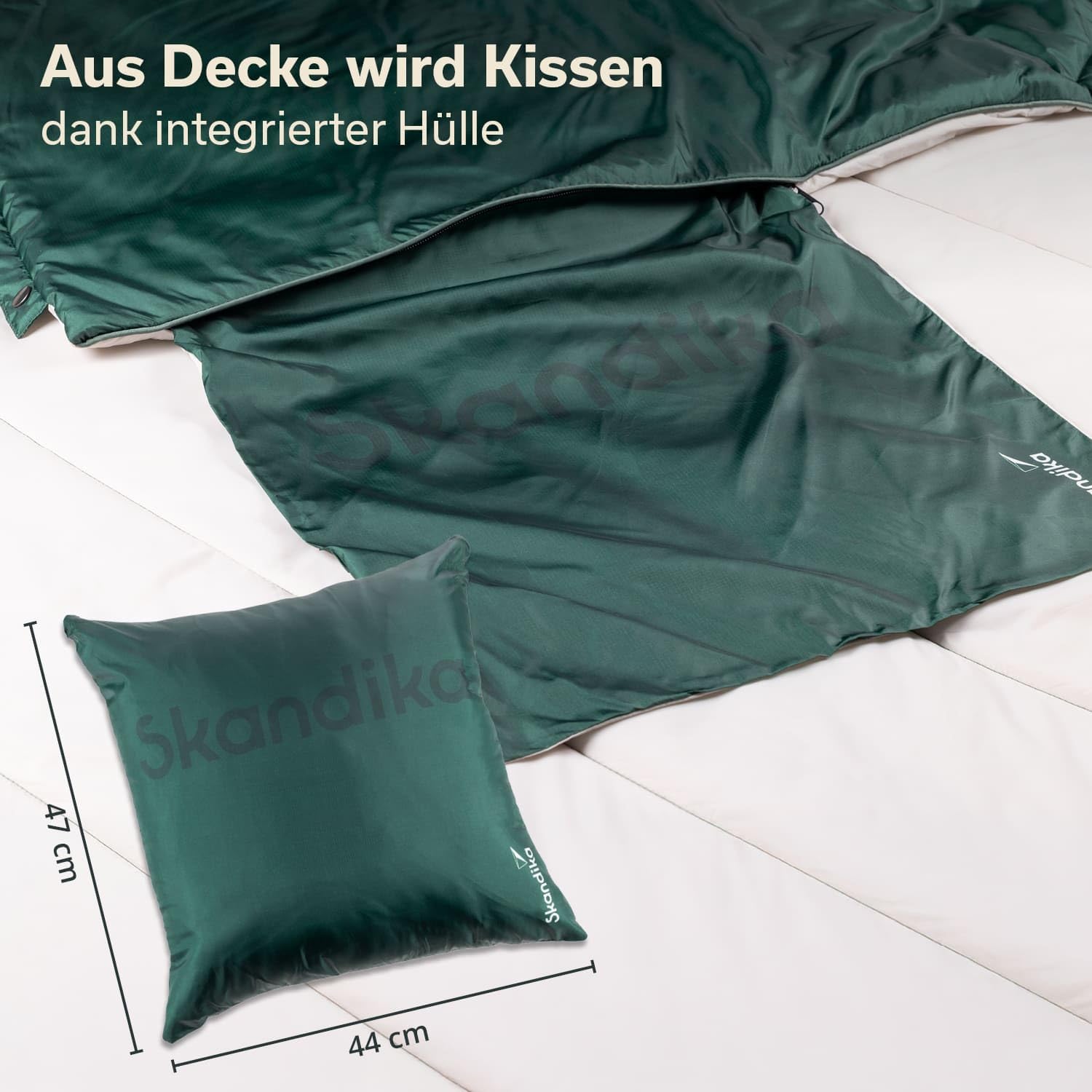 Skandika Koc kempingowy Liva nylon zielony | 4 w 1 koc outdoorowy, 200 x 135 cm, narzuta, śpiwór, poduszka, z nylonowym spodem, watowaniem z poliestru, wodoszczelny, na kemping, akcesoria