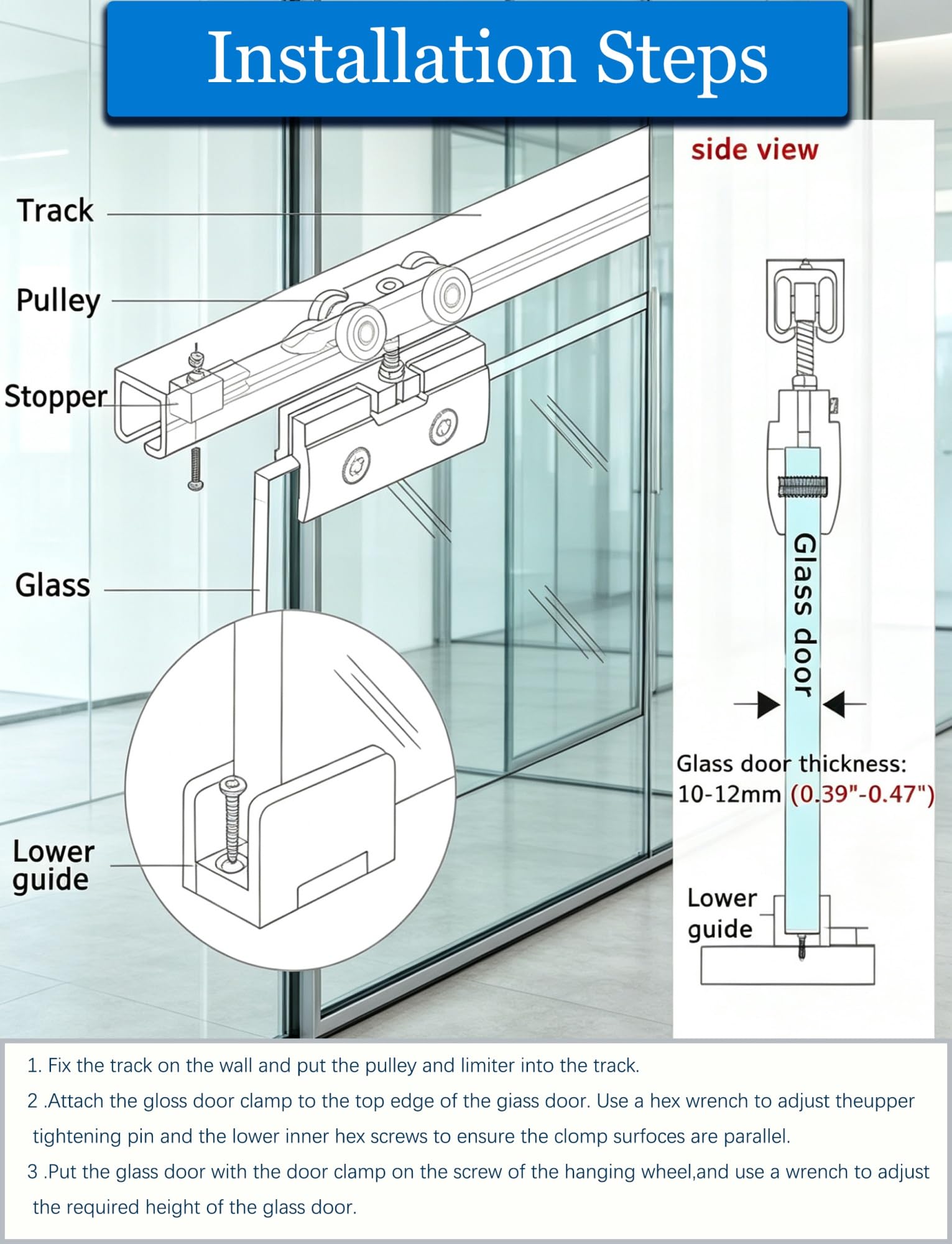 Kit riel puerta corrediza de vidrio sin marco para techo | Kit riel puerta corrediza de metal para baño, balcón, patio y armario(7.55ft(230cm))
