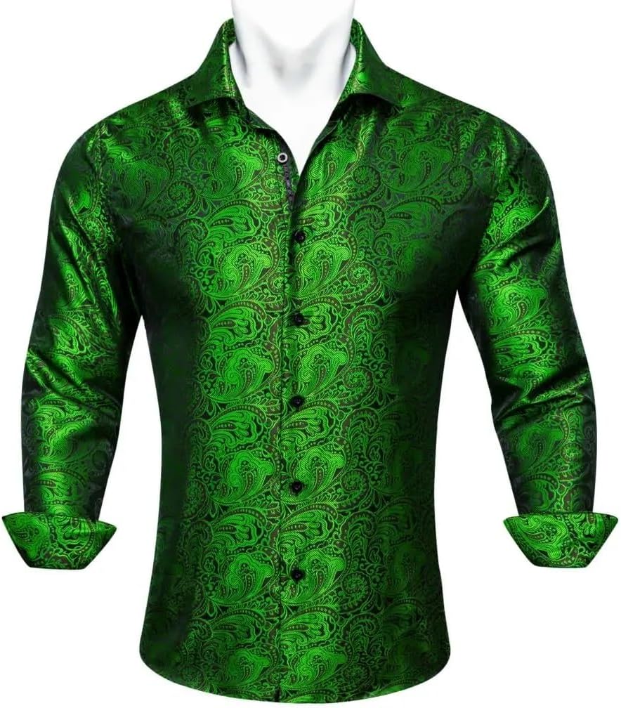 Shirts for Men Silk Long Sleeve Green Flower Paisley Embroidered Slim Fit Male Blouses Casual Tops