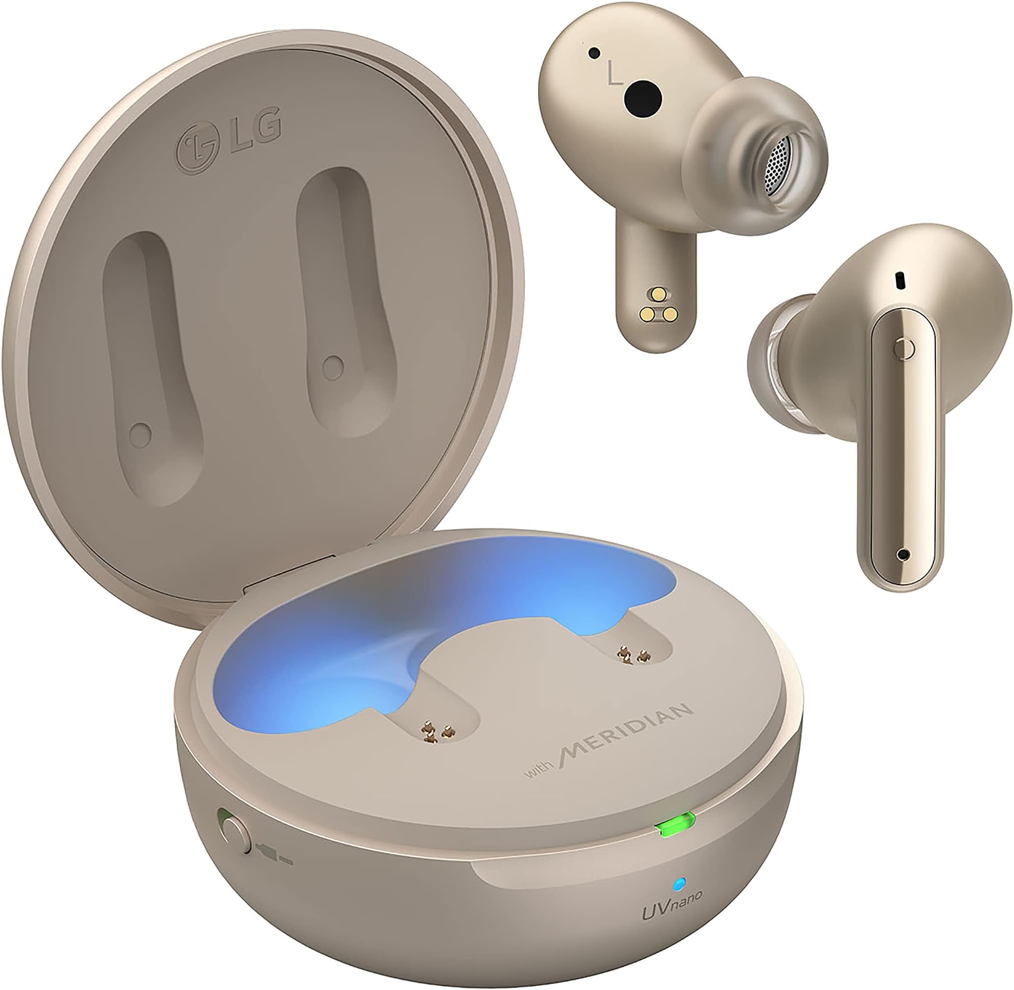 LG TONE Free FP9E - Active Noise Cancelling True Wireless Bluetooth Earbuds with Plug & Wireless connection, UVnano Charging Case, Flex Action Bass ™, and IPX4 Water Resistant (Gold)