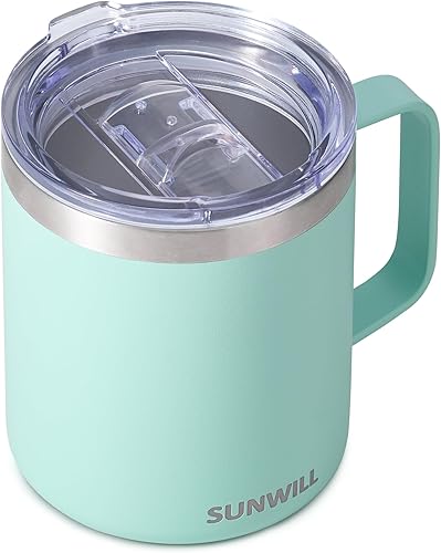 SUNWILL - Taza de café con asa de 14 onzas, taza de café de viaje de acero inoxidable, de doble pared con tapa, recubrimiento en polvo, color menta