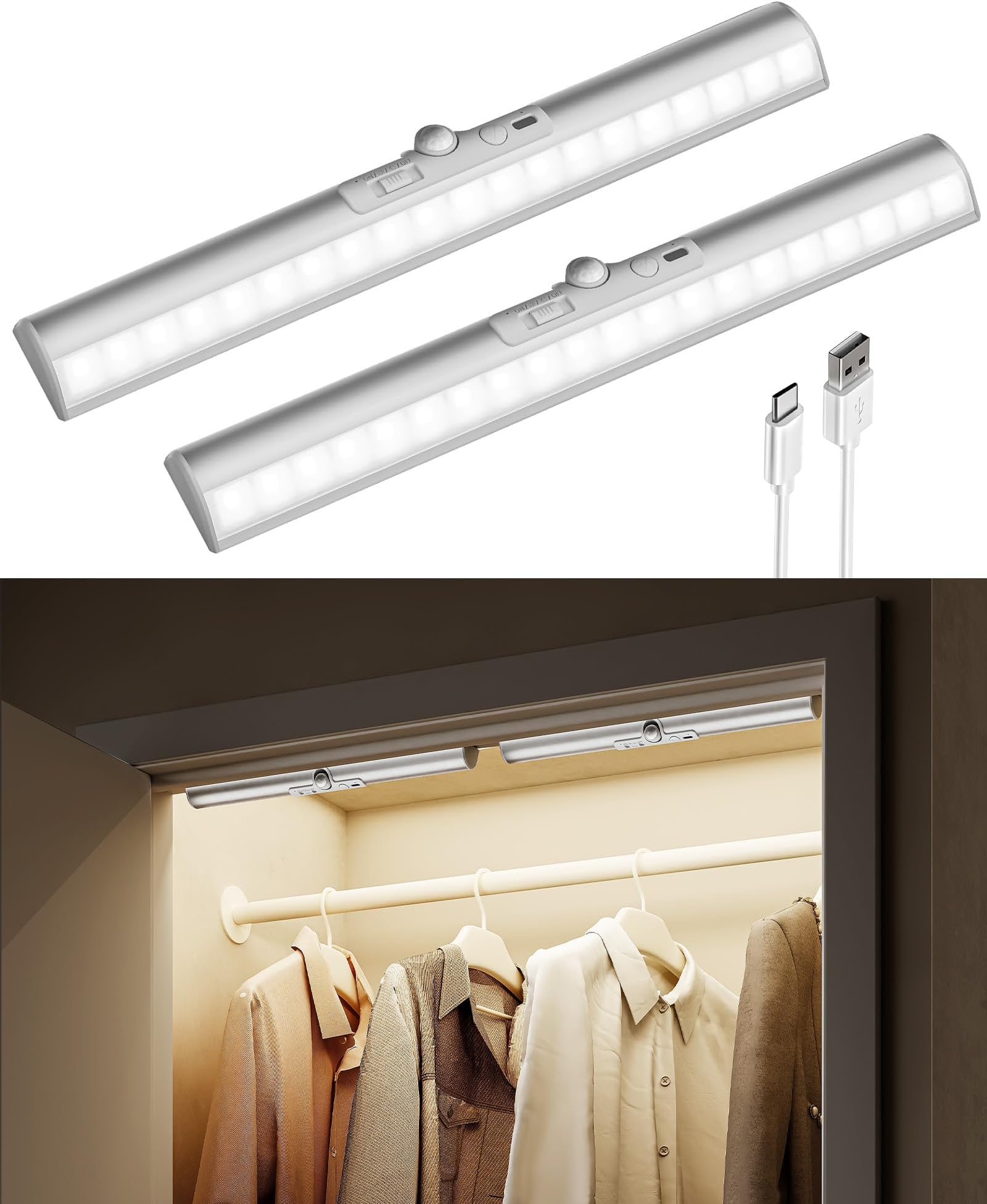 Closet Lights with Eye-Friendly Design, Motion Sensor Light, 3 Color Temps, 90+CRI Dimmable LED Lights, 1800mAh Rechargeable Battery Under Cabinet Lights for Wardrobe, Cabinet