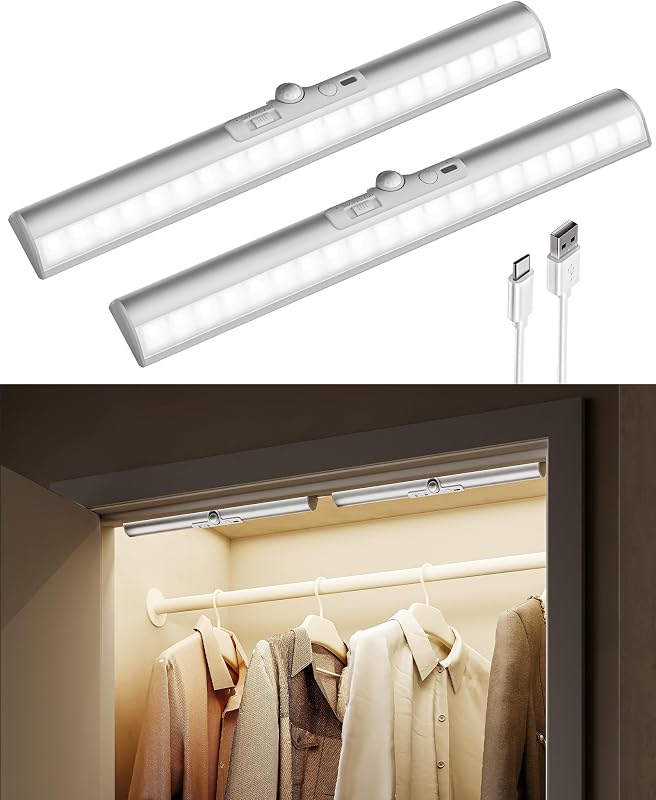 EZVALO Luces de armario de 13 pulgadas, luces con sensor de movimiento para interiores | Sensor giratorio, antideslumbrante, batería recargable, inalámbrico, 3 temperaturas de color, regulable, paquete de 2, magnético, despensa, armario