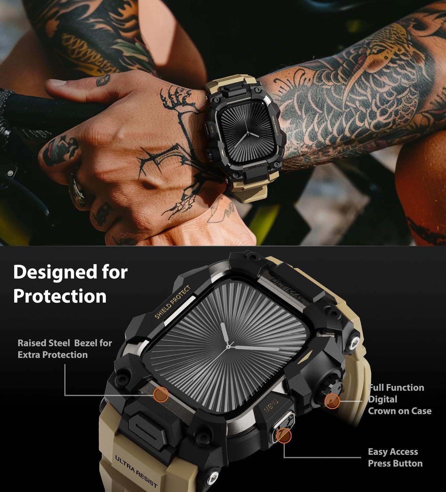 ULTIMAL Custodia robusta con cinturino per Apple Watch da 46 mm, compatibile con Apple Watch Serie 10, di grado militare, antiurto, per cinturino tattico da uomo (46 mm, giallo deserto)