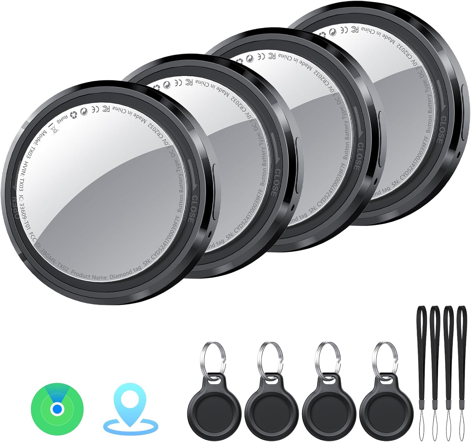 Air Tracker Tag Schlüsselfinder 4er Pack, Koffer Tracker Kompatibel mit Apple Wo ist? APP (Nur iOS), Bluetooth Key Finder für Gepäck/Taschen/Brieftasche, Smart KeyFinder, Austauschbarer Akku, Schwarz