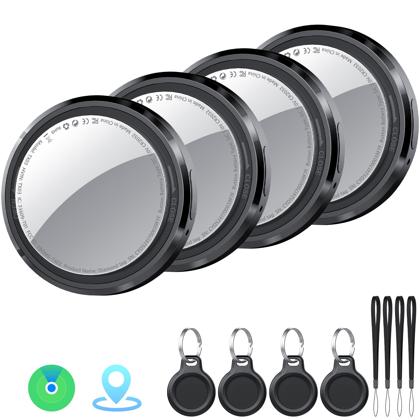 Tracker Tag Nero Inchiostro / 4 Pcs, Bluetooth Trova Oggetti Compatibile con Apple Dov'è (solo iOS), Smart Tracker Localizzatore per Bagagli/Borse/Portafogli/Zaini, Chiavi Tag Tracking