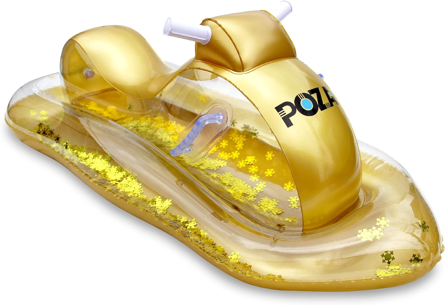 POZA Inflatable Snowmobile Sled- Luxurious Snow Sled with Handles and Filled with Gold Snowflake Confetti, Premium Cold Resistant Heavy Duty PVC Sled for Adults and Kids - 51 Inch