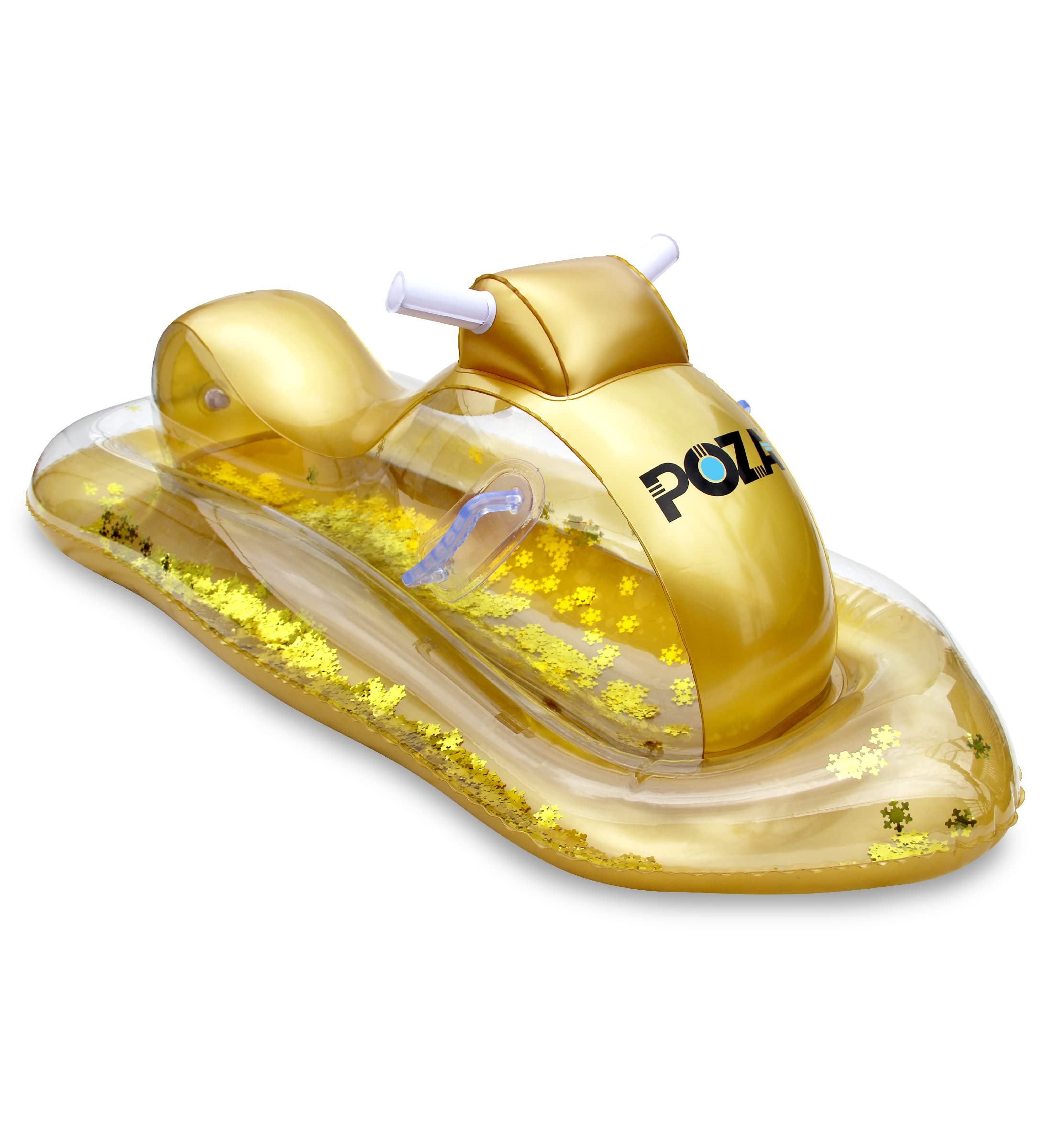 POZA Inflatable Snowmobile Sled- Luxurious Snow Sled with Handles and Filled with Gold Snowflake Confetti, Premium Cold Resistant Heavy Duty PVC Sled