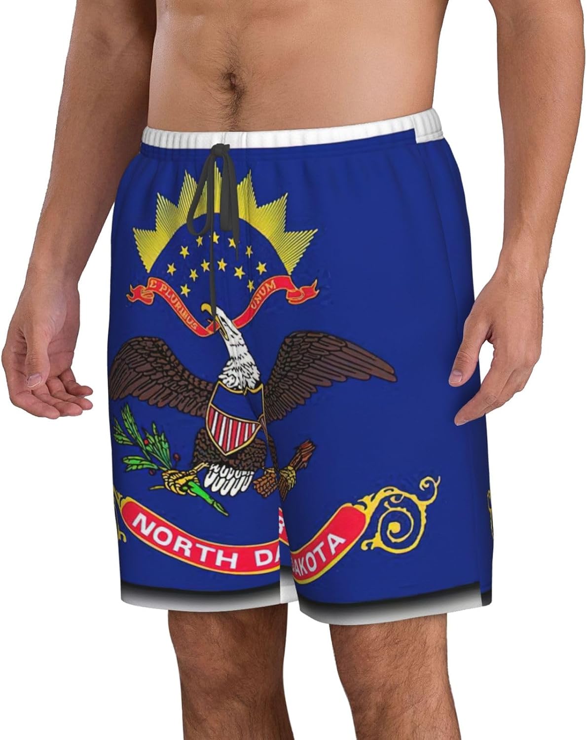 Mens North Dakota State Flag Map Print Beach Shorts,Casual Summer Shorts for Men,Quick Dry Polyester