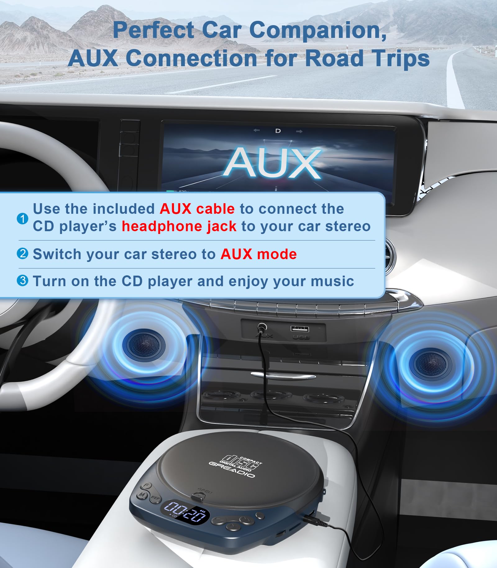 Lecteur CD portable avec écouteurs, lecteurs CD Discman rechargeables pour la maison et la voiture, petits lecteurs CD avec 60 secondes anti-saut, prend en charge CD/MP3/WMA/carte TF/AUX/rétroéclairé