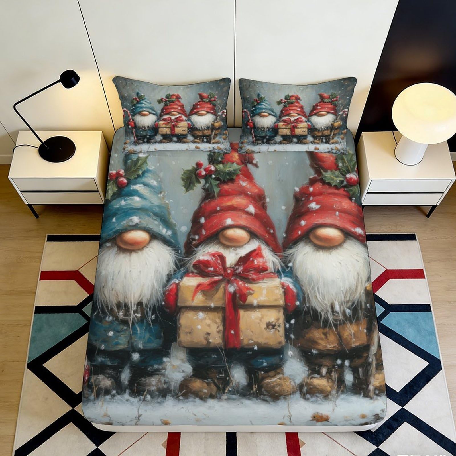 3D Printed Christmas Gnome Fitted Sheet Microfiber Soft Breathable Bed Cover for Bedroom Guest Room Decor 90x200x25cm
