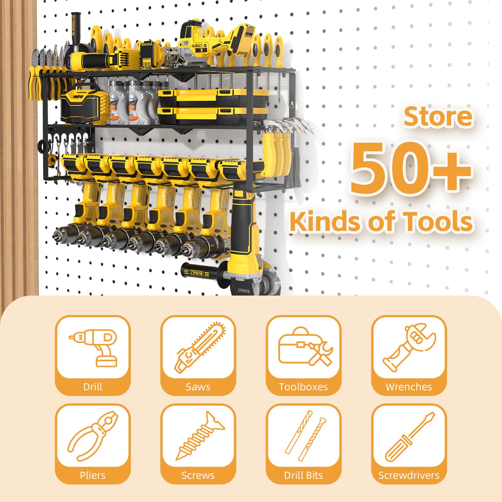 Organiseur mural pour outils électriques sans fil, installation rapide de 15 minutes en métal, organiseur de rangement pour outils de garage, 3 couches, 7 perceuses, support mural pour organisation de