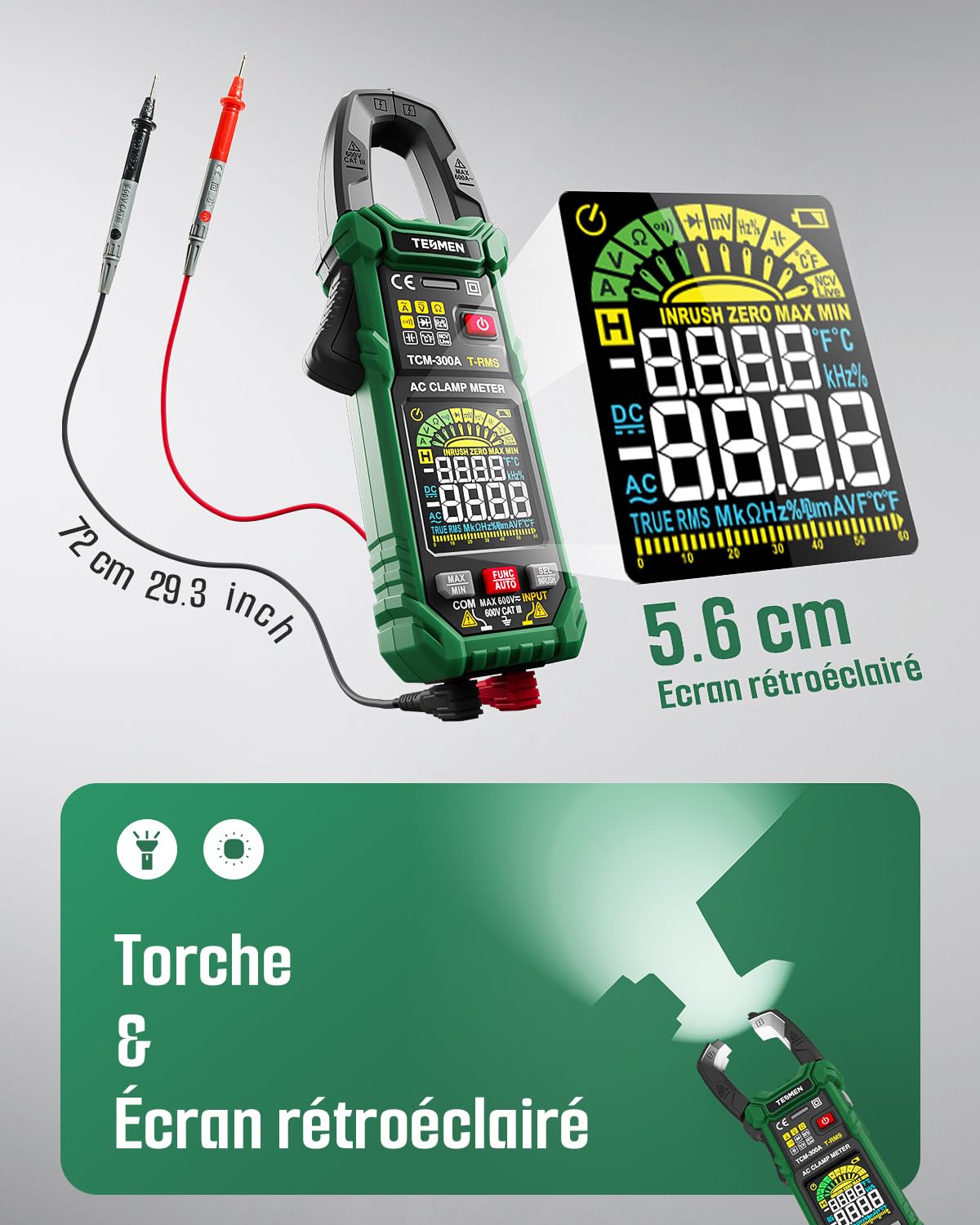 TESMEN TCM-300A Pince Ampèremétrique numérique 6000 Counts T-RMS Ampèremètre, multimètre à plage automatique voltmètre avec courant AC tension AC/DC NCV/fil actif résistance diode température - Vert
