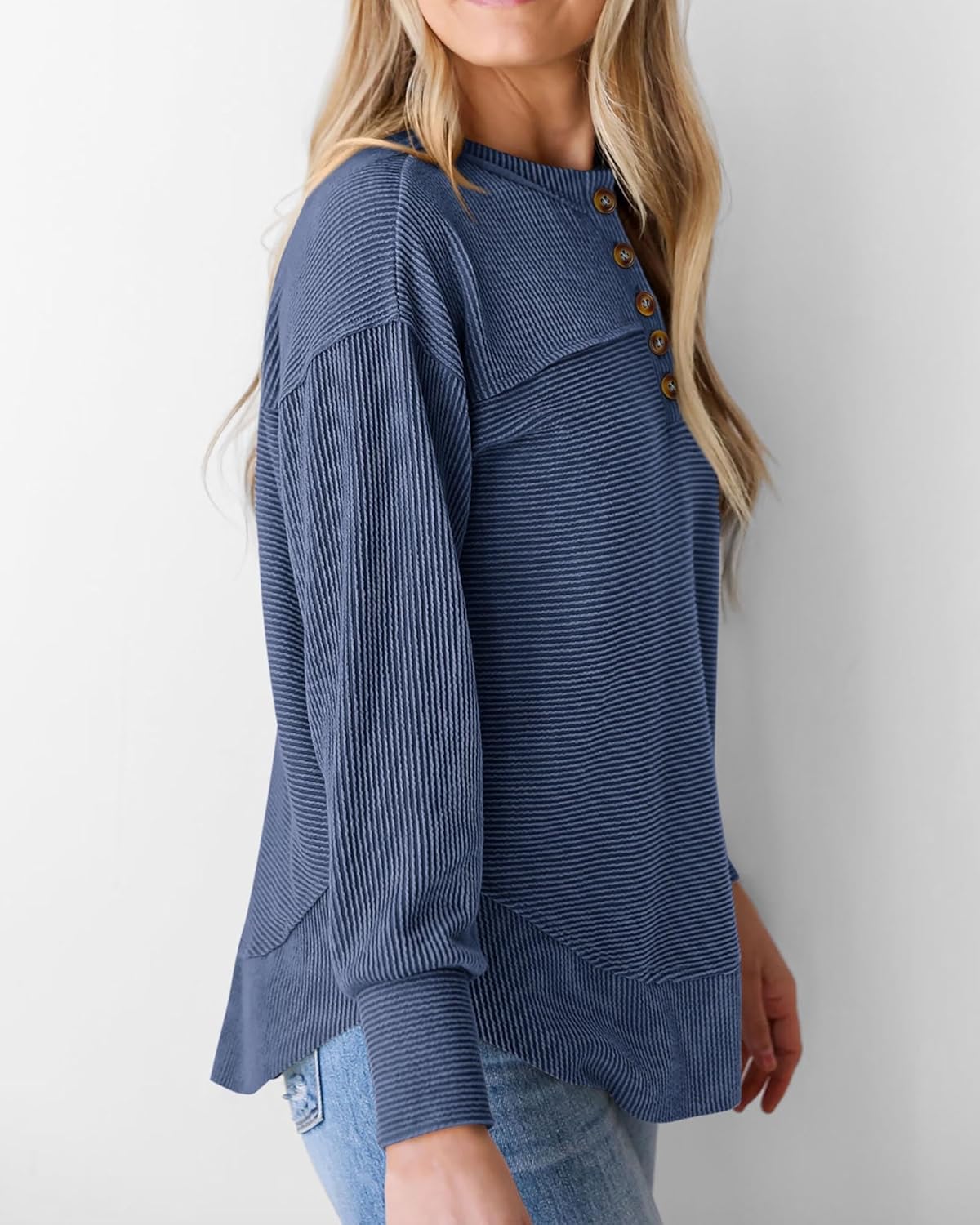 KIRUNDO Going Out Tops for Women Henley Shirts 2025 Casual Ribbed Knit Long Sleeve Tunic Summer Fall Button V Neck Blouse - Image 5