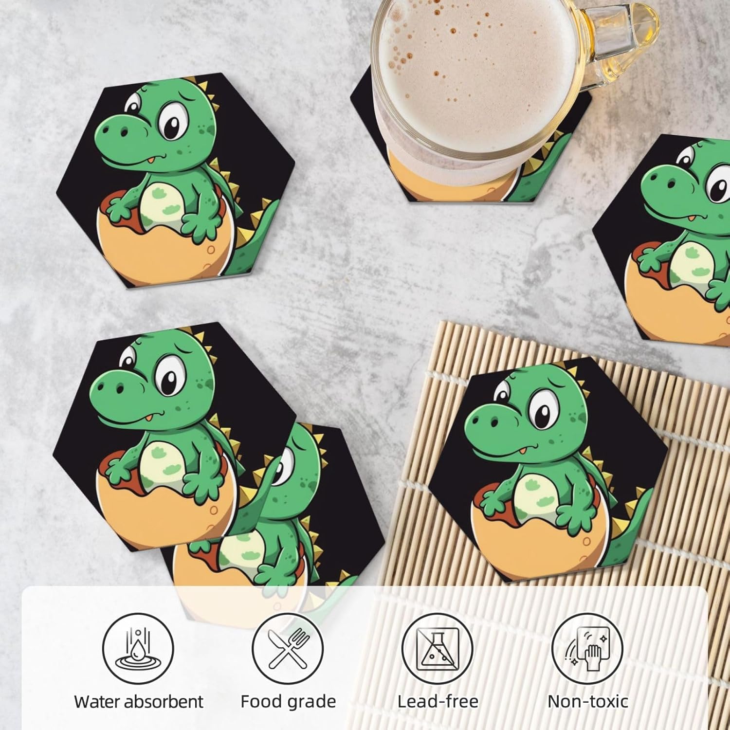 KHiry ドリンクコースター6枚セット セラミックコースター ホルダー付き グリーン 恐竜 漫画 ラウンドコースター ドリンク用