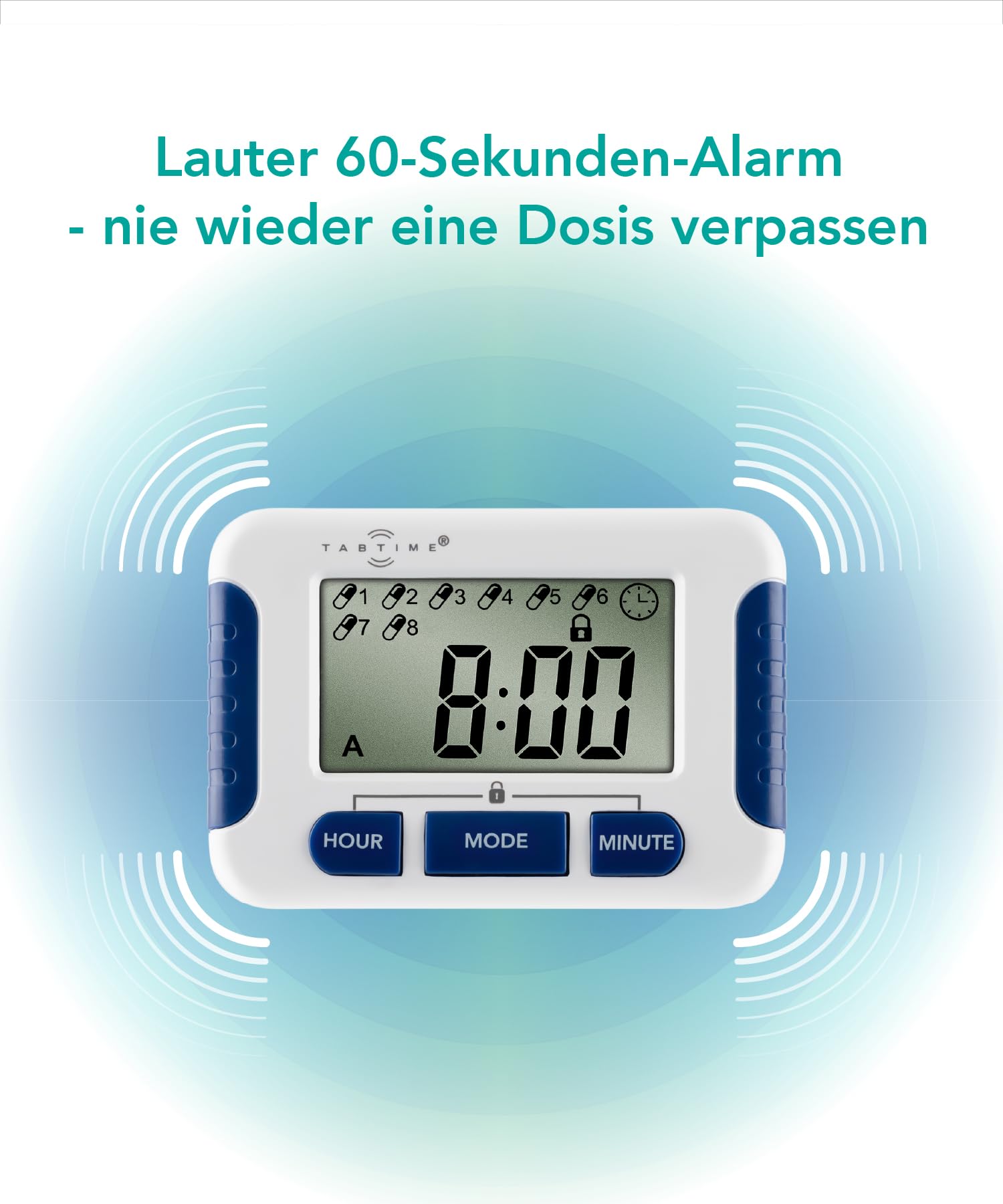 TabTime Timer (mit deutscher Anleitung), Pillenerinnerung, Medikamenten-Uhr/Wecker mit 8 Alarmen pro Tag, essentiell für Parkinson-Patienten