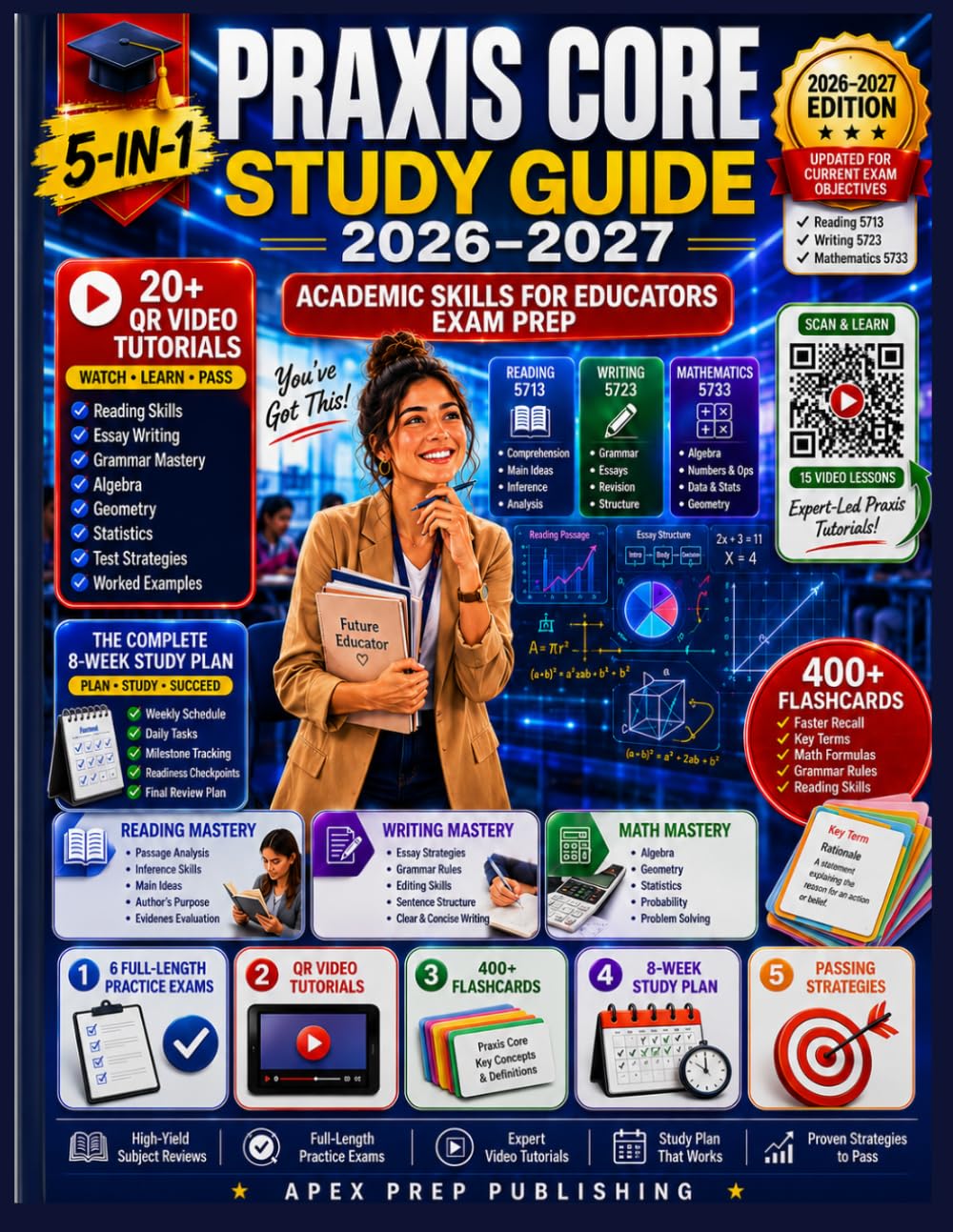 Praxis Core Study Guide 2026-2027: 5-in-1 Complete Academic Skills for Educators Test Prep for Reading 5713, Writing 5723, Math 5733 - High-Yield Subject Reviews, 6 Full-Length Practice Exams + Videos