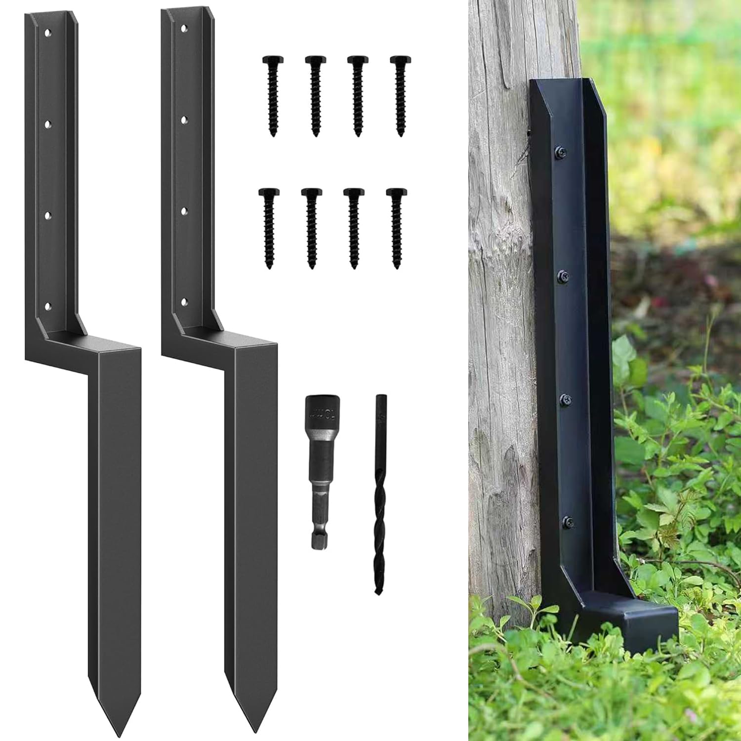 Photo 1 of 33.62" Heavy Duty Fence Post Repair Kit – One-Piece 11-Gauge Steel Anchor Ground Spike for 4x4 & 6x6 Wooden Fence Posts, Mailbox Post, Gate, Garden & Farm Reinforcement (2, Black)
