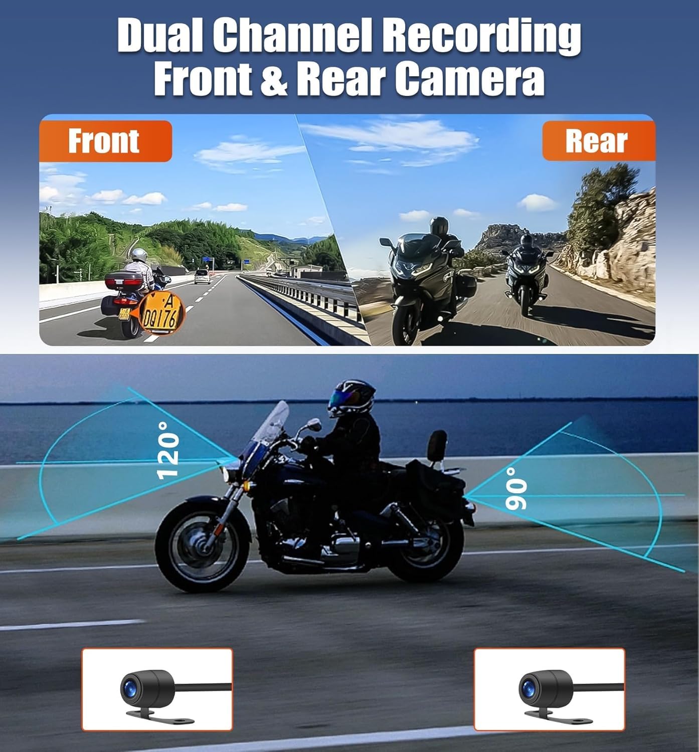 CAMECHO Moto Dash Cam 3 Pollici Schermo con 64GB TF Scheda, IP67 Impermeabile Doppia Telecamere Grandangolare 120 Gradi 90 Gradi Fotocamera per Moto con HDR, G-Sensor, Registrazione in Loop