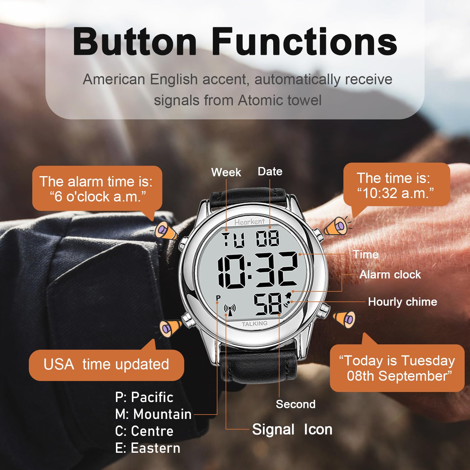 Hearkent Atomic Digital Talking Watch for Anziani Riceve segnali statunitensi Correzione automatica di ora e data Grandi numeri Facile da vedere Forte e chiaro Maschio Inglese Parlare, nero