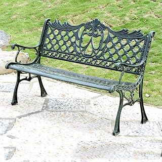 Banco de jardim ao ar livre, banco de pátio Banco de jardim de parque Assento duplo ao ar livre, cadeira de parque com acabamento antigo com estrutura de alumínio fundido, mobília de deck frontal par