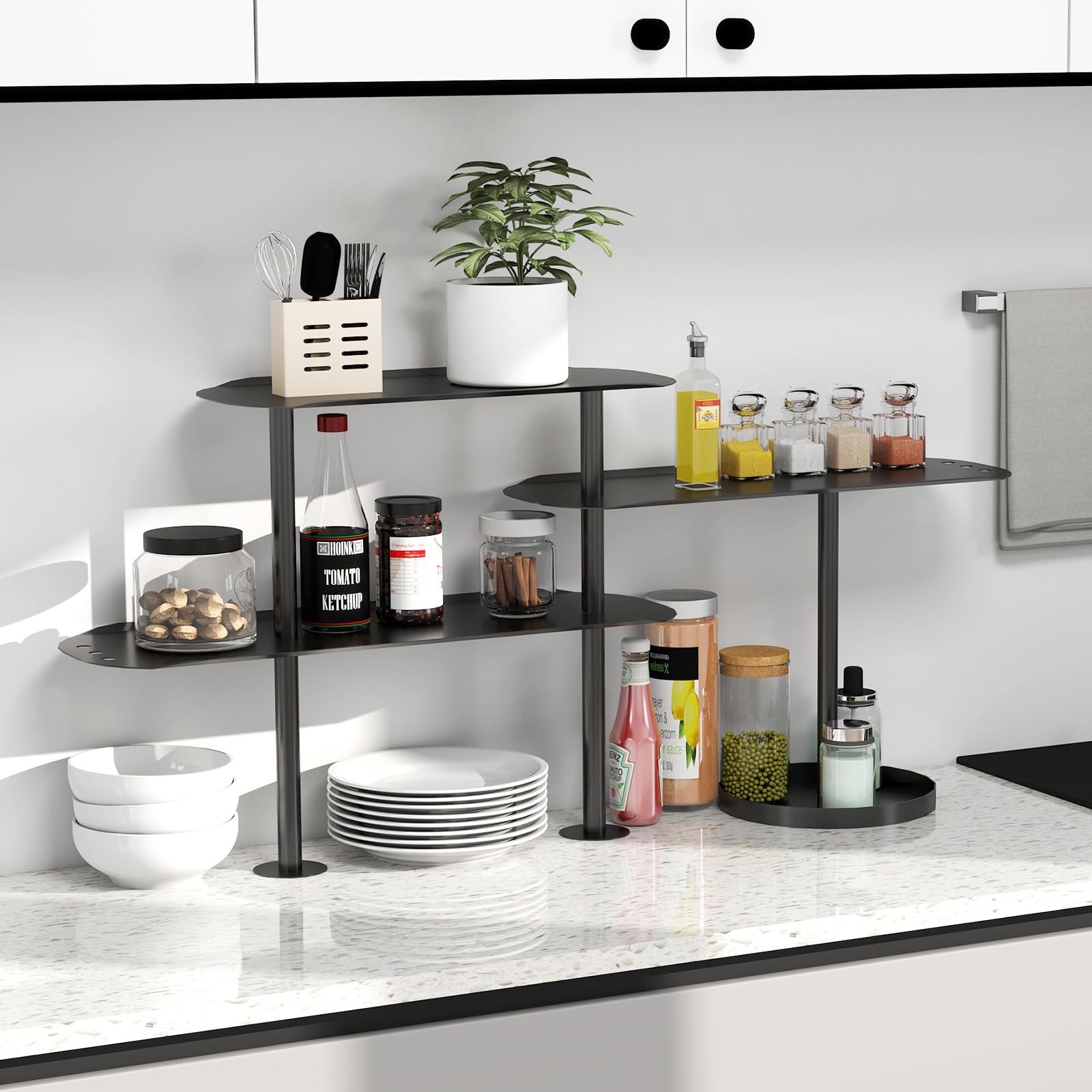 STWWO Organizer für Küche Arbeitsplatten, Verstellbar Eckregal Schreibtisch Organizer Metall Gewürzregal mit 3 Etagen Kaffeebarständer Vertikale Rack für Esszimmer Küchen Badezimmer, Schwarz
