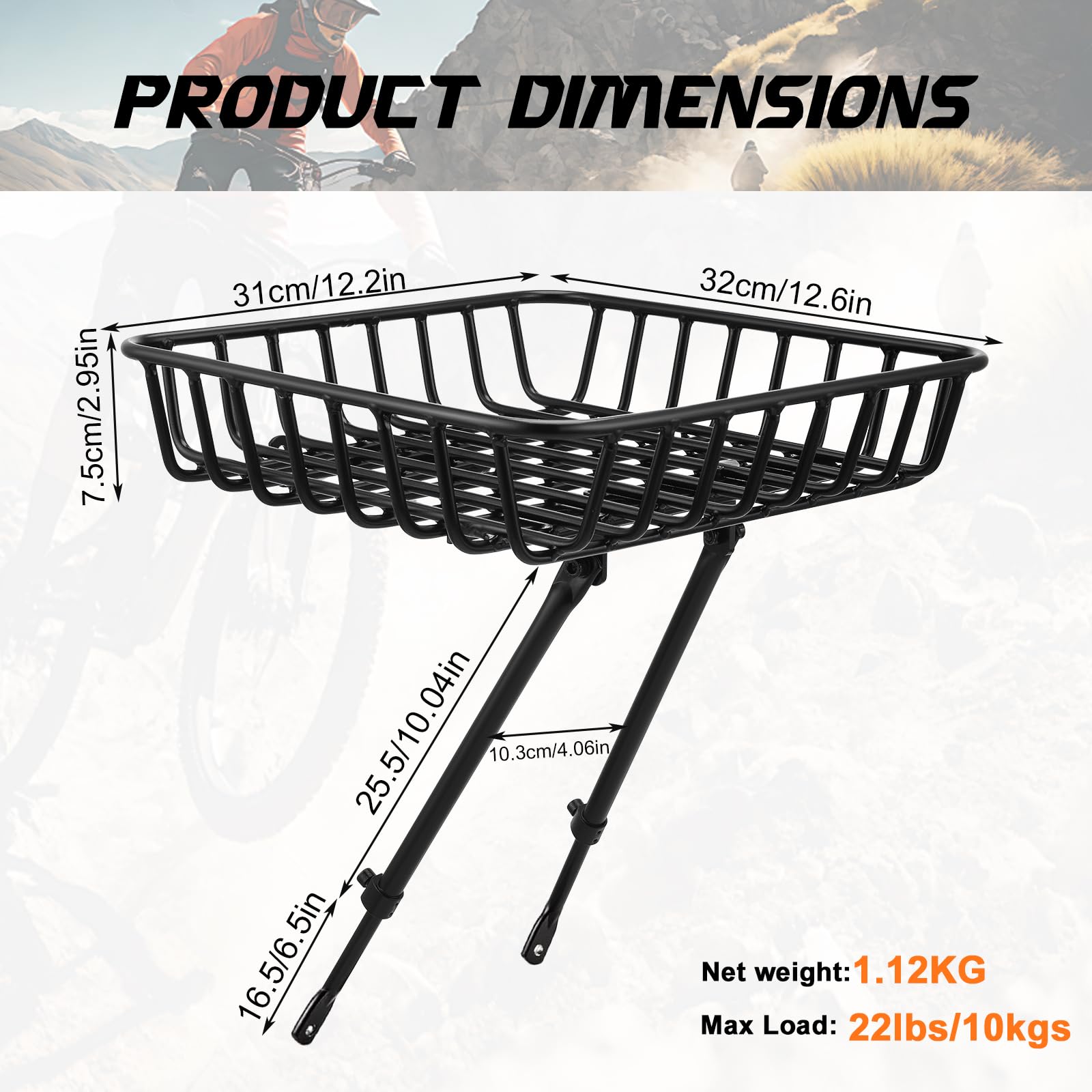 Panier de vélo avant en alliage d'aluminium, grand panier de vélo avant avec entretoises de maintien et sangles stables, porte-bagages de vélo, charge maximale de 10 kg, pour VTT, vélo de route, vélo