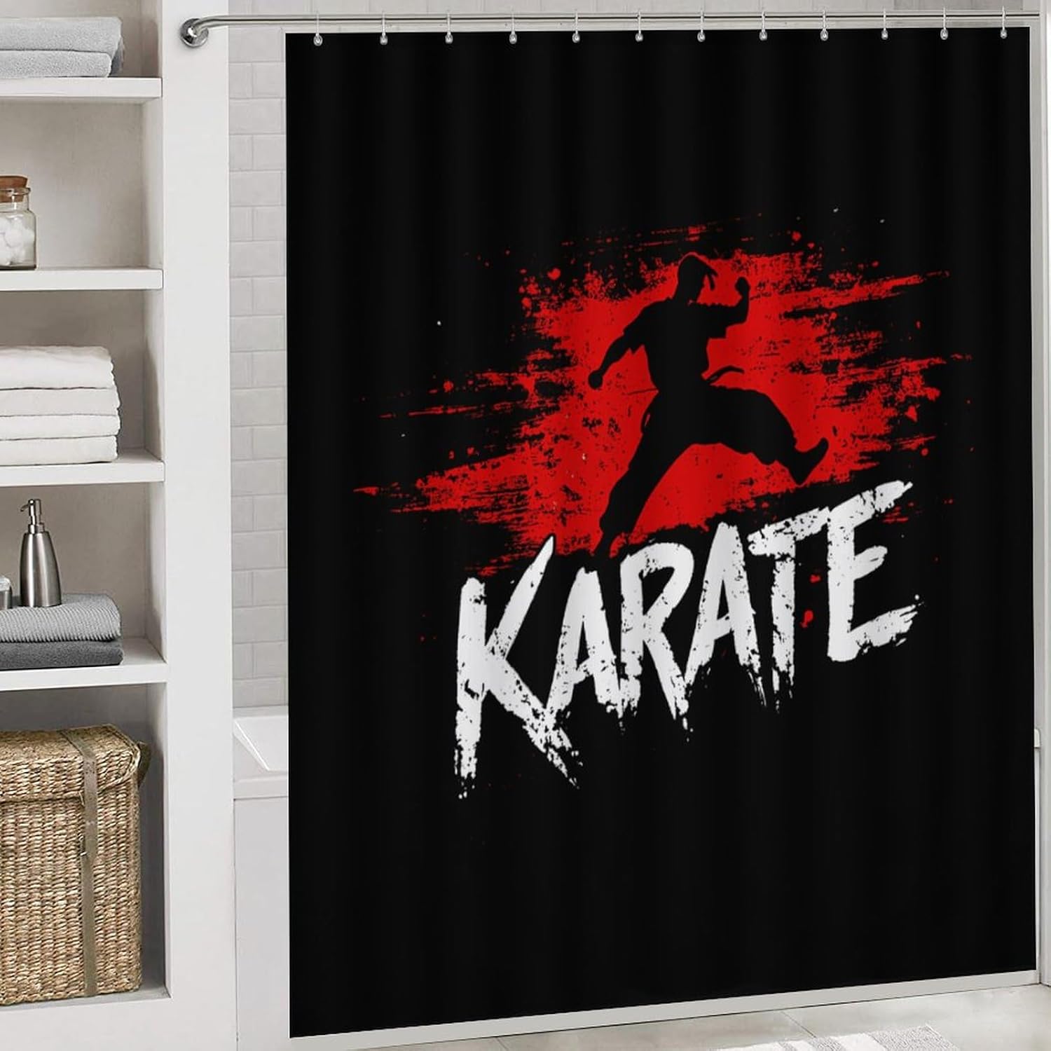 Karate Splash Modern Bathroom Sets with Shower Curtain and Rugs Decor 4 Pcs with 12 Hooks