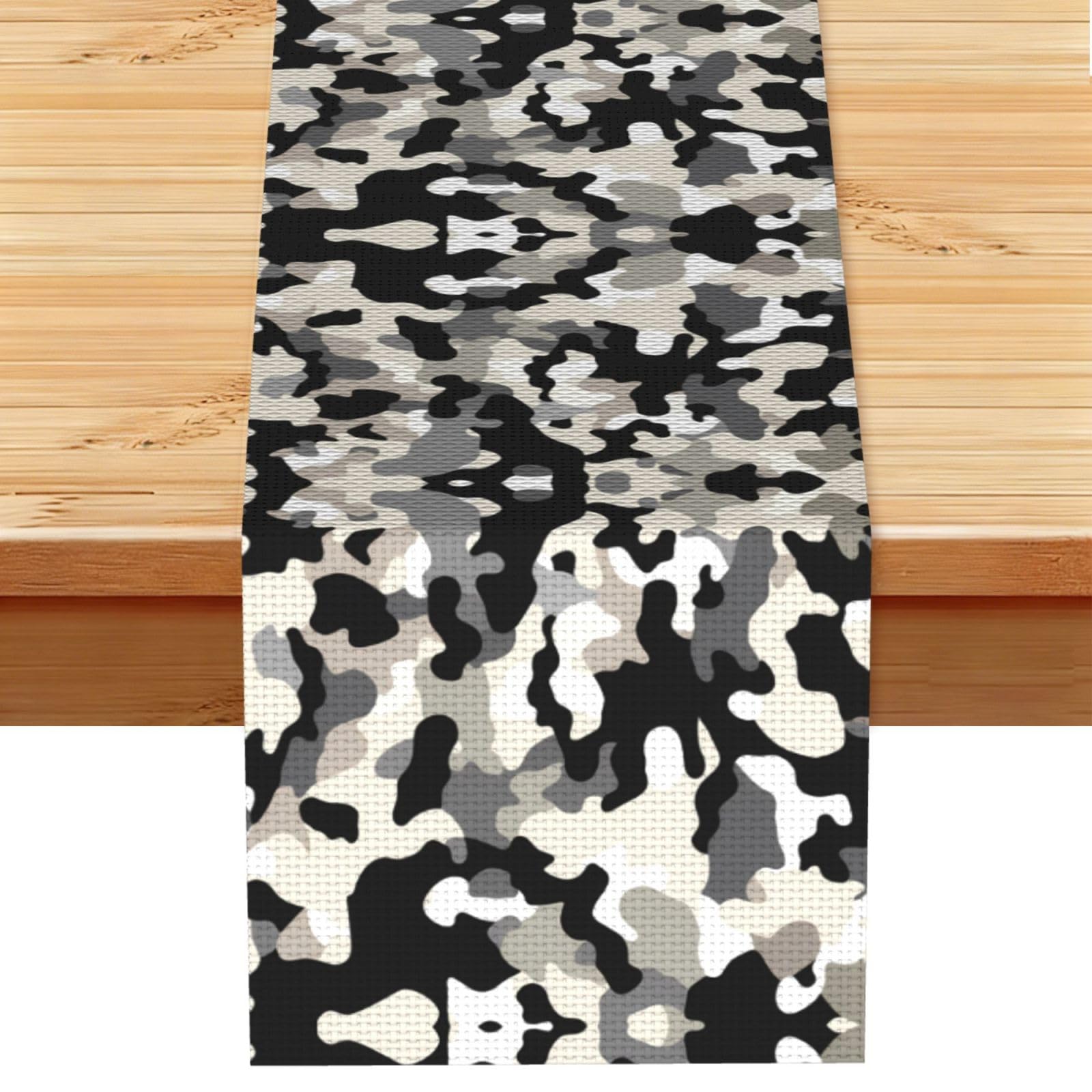 Soft Grey Tone Camo Printed Table Runner 13 x 72, Wrinkle Resistant Decor for Dining Table Coffee Table Fireplace