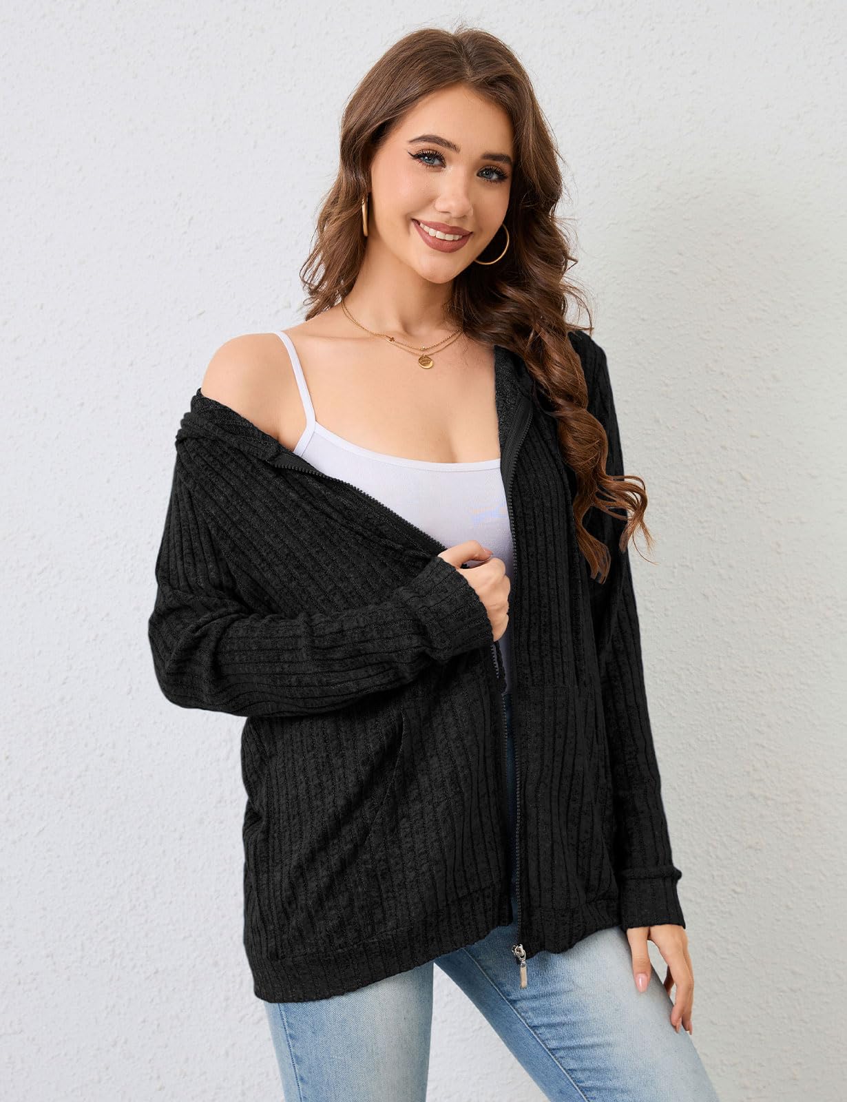 Flikity Cardigan da donna con zip e cappuccio con grandi tasche a maniche lunghe tunica top da donna giacche leggere casual abbigliamento da lavoro M-XXL