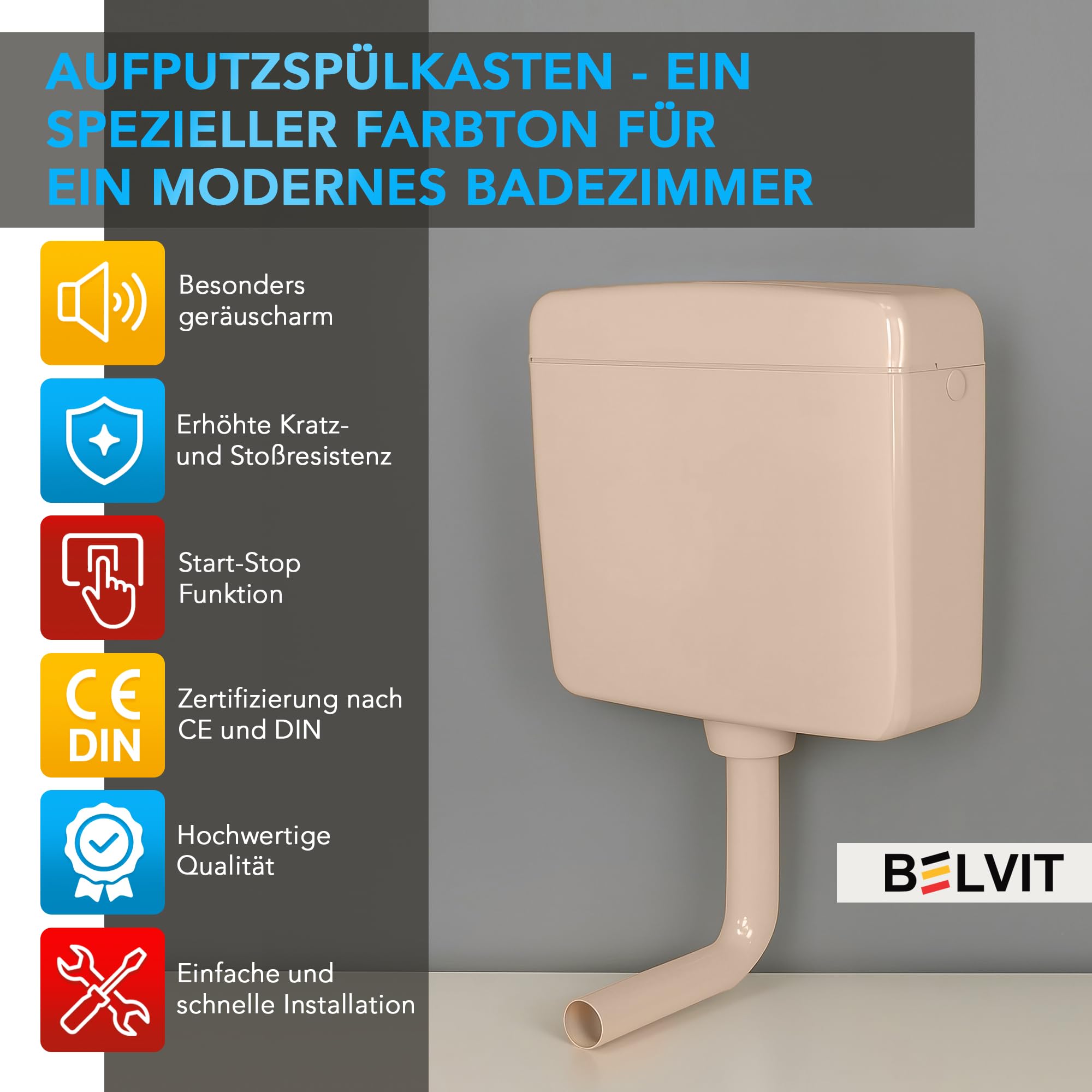 Belvit WC Spülkasten 3-9L Aufputzspülkasten, Bahama Beige