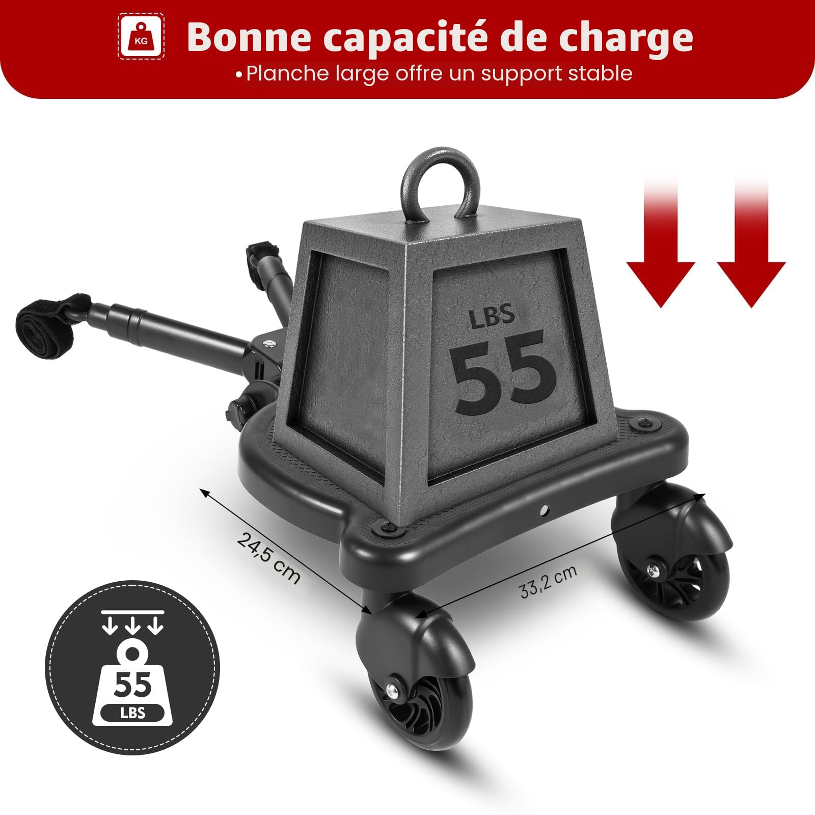Planche Poussette Universelle avec Siège Amovible, Charge 25kg, Noir