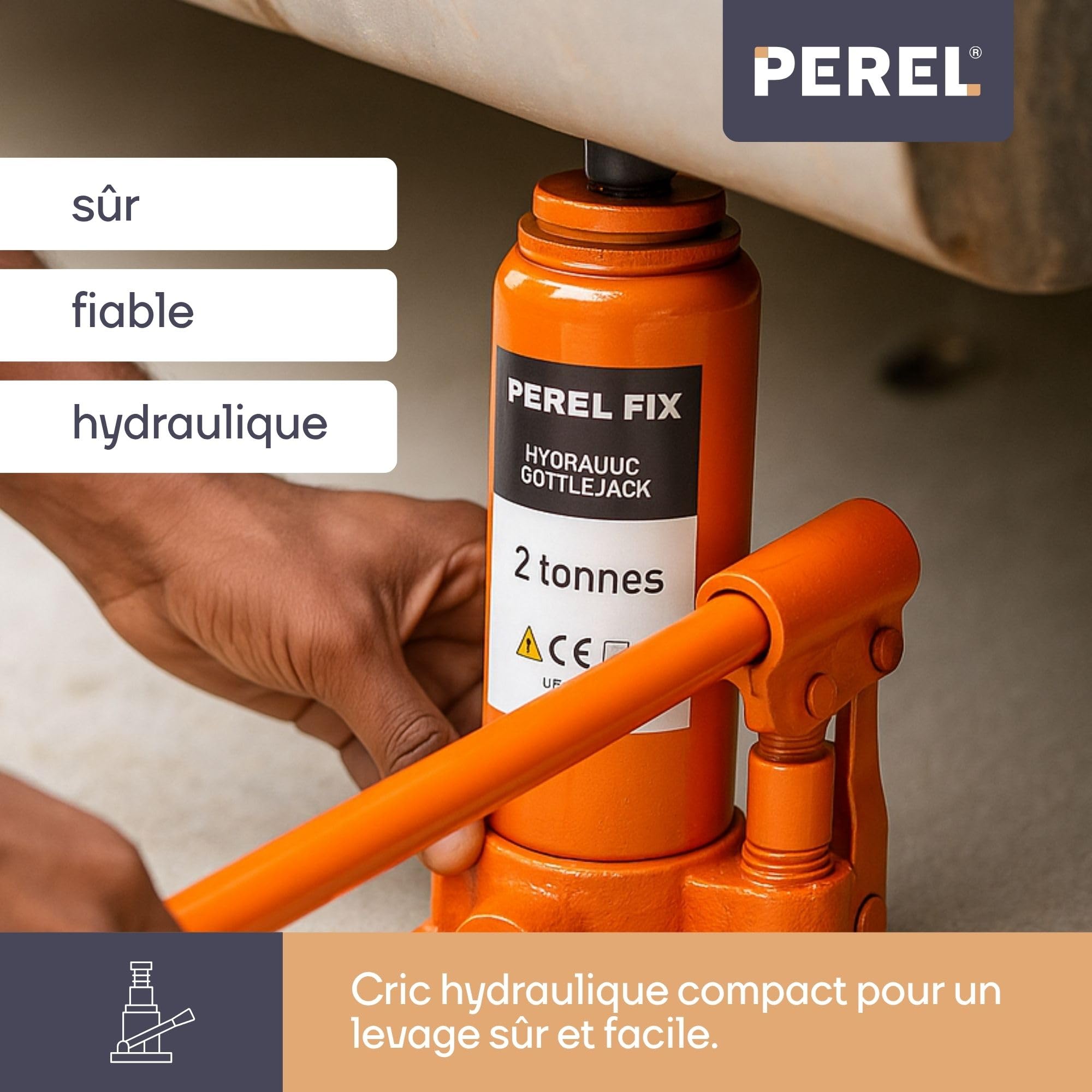 Perel Cric hydraulique Bouteille 2 tonnes (2000 kg), cric Auto Compact en Acier, Hauteur 158-308 mm, pour Voiture, Utilitaire, Caravane et remorque, idéal Garage et Atelier