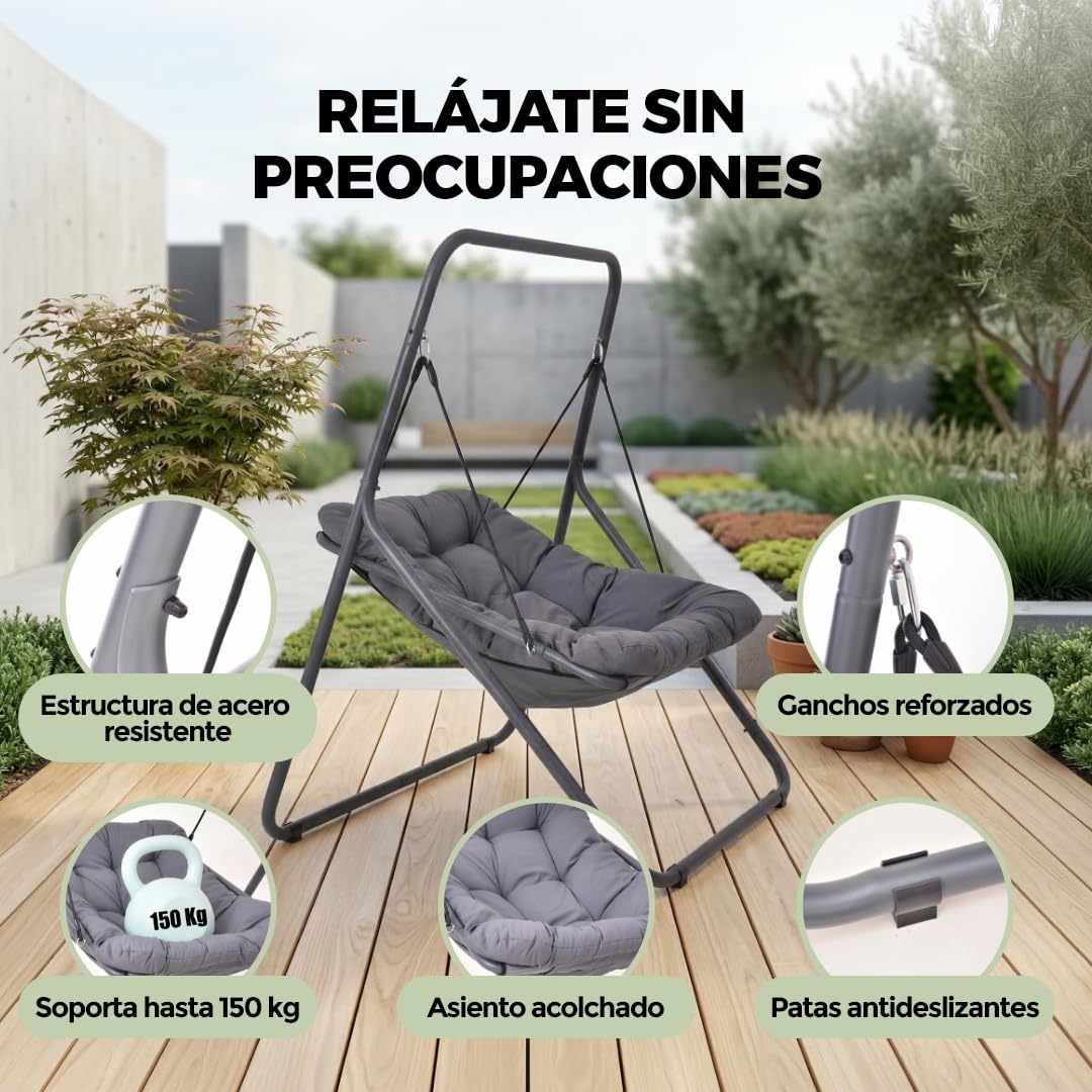 HAPPERS Silla Colgante Jardín Exterior | Sillón Columpio con Soporte | Mecedora de Terraza Balancín - Gris