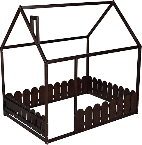 Miniatura 9 de Harper & Bright Designs Cama de casa Montessori tamaño matrimonial, base de cama de suelo con techo y valla, necesita somier, para niños pequeños,