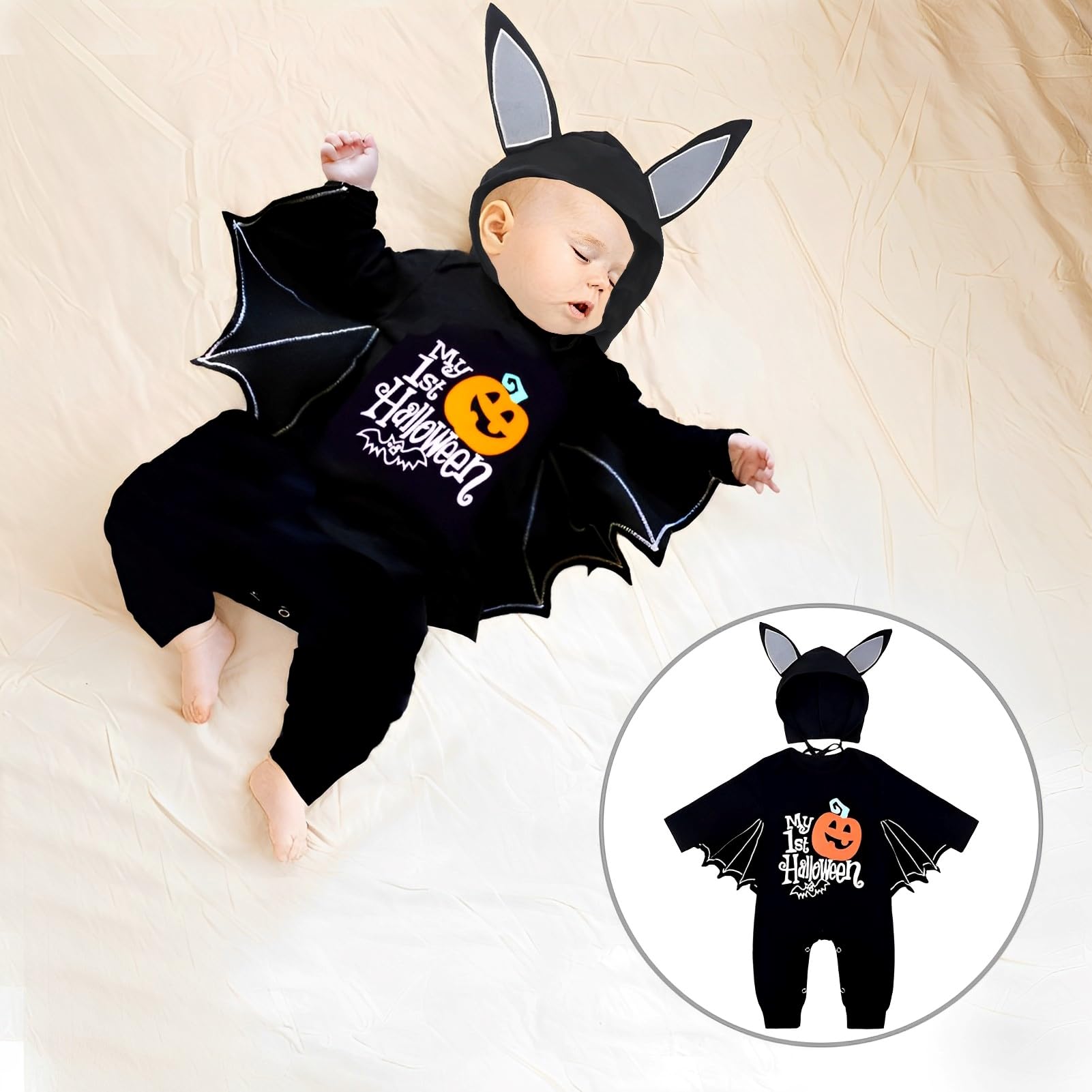 Bambino Halloween Pipistrello Costume, Pipistrello Pagliaccetto Baby, Pagliaccetto Bambino Cosplay Costume, Halloween Costume Con Cappello, Adatto a Bambini di 0-7 Mesi, Unisex