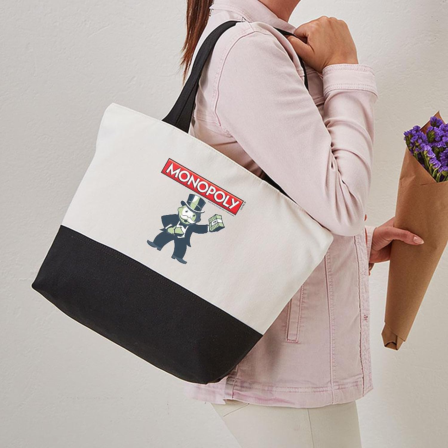 CafePress Mr. Monopoly Cash Stacks Canvas Tote Top Zipper Closure