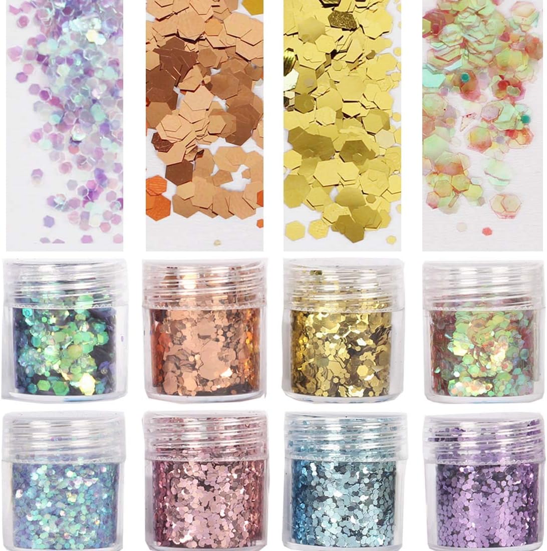 COKOHAPPY 8 Boxes 10ml Holographic Mermaid Chunky Glitter Sequins Iridescent Flakes Hexagon Tips Mixed Paillette Face Eyes Body Hair Nail Art