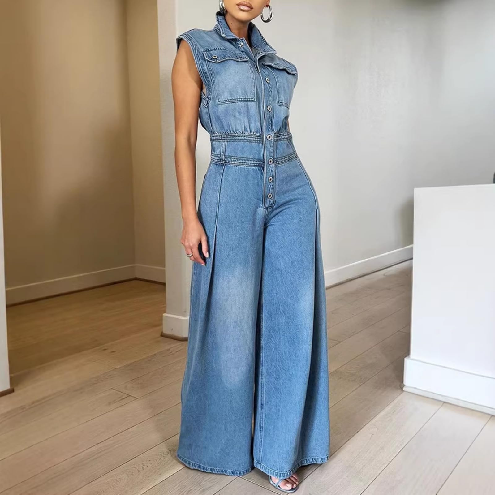 Tute Salopette di Jeans Pantaloni a Gamba Larga Casual Tute Intere in Jeans