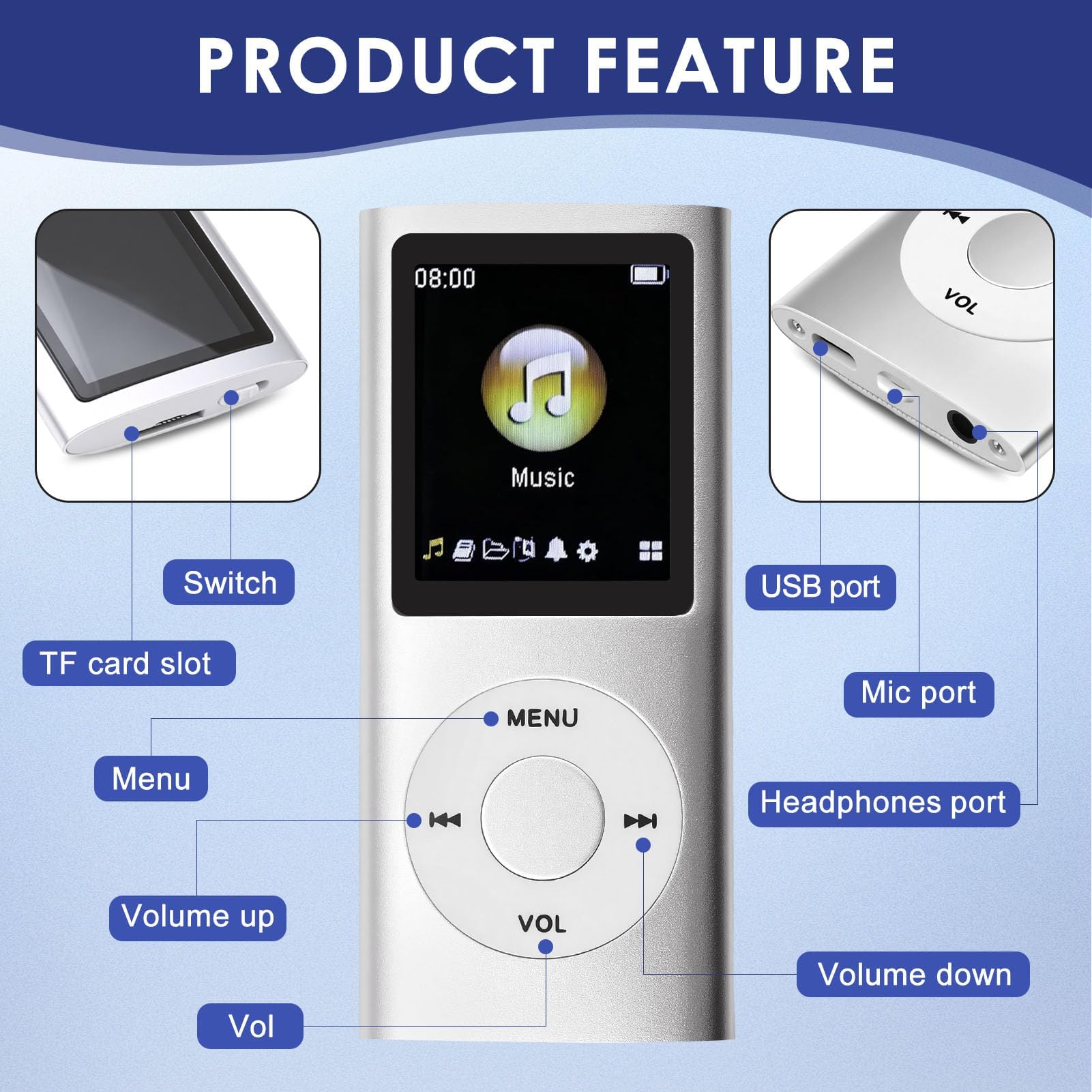 MP3/MP4-Player Unterstützt Bis zu 64 GB TF-Karte Tragbarer MP3 Musik Player 1.8 Zoll LCD Bildschirm Audio Player Media Player FM Radio mit Verlustfreiem Sound für Reisen, Fitnessstudios und Büros